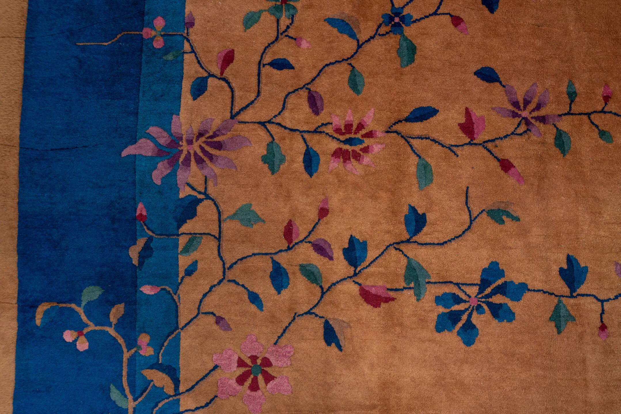 12' x 15' one-of-a-kind handmade antique Chinese oversize rug. Color palette: camel, cobalt, tan, rose, teal, violet