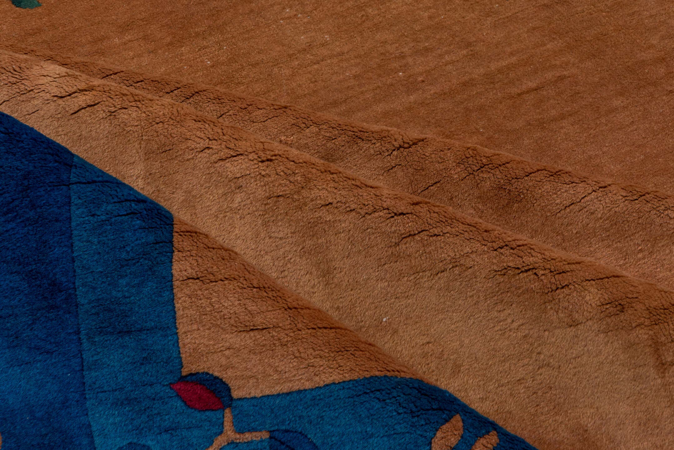 12' x 15' one-of-a-kind handmade antique Chinese oversize rug. Color palette: camel, cobalt, tan, rose, teal, violet
