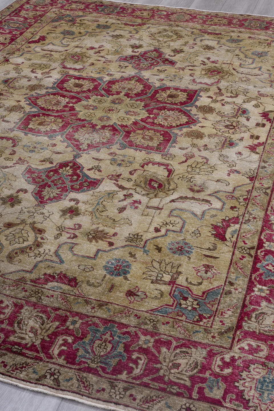 6' x 9' one-of-a-kind handmade antique Tabriz medium size rug. Color palette: ivory, raspberry, taupe, sky_blue, beige