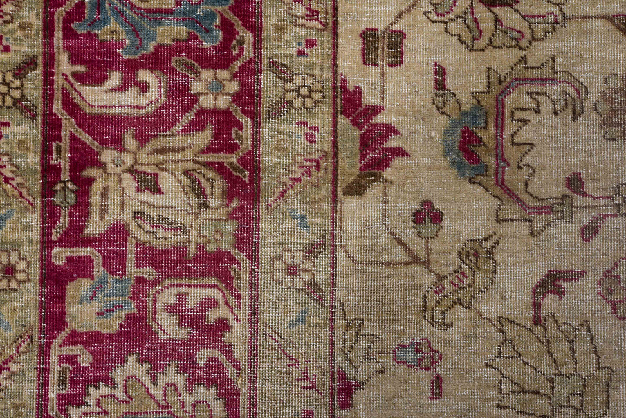 6' x 9' one-of-a-kind handmade antique Tabriz medium size rug. Color palette: ivory, raspberry, taupe, sky_blue, beige