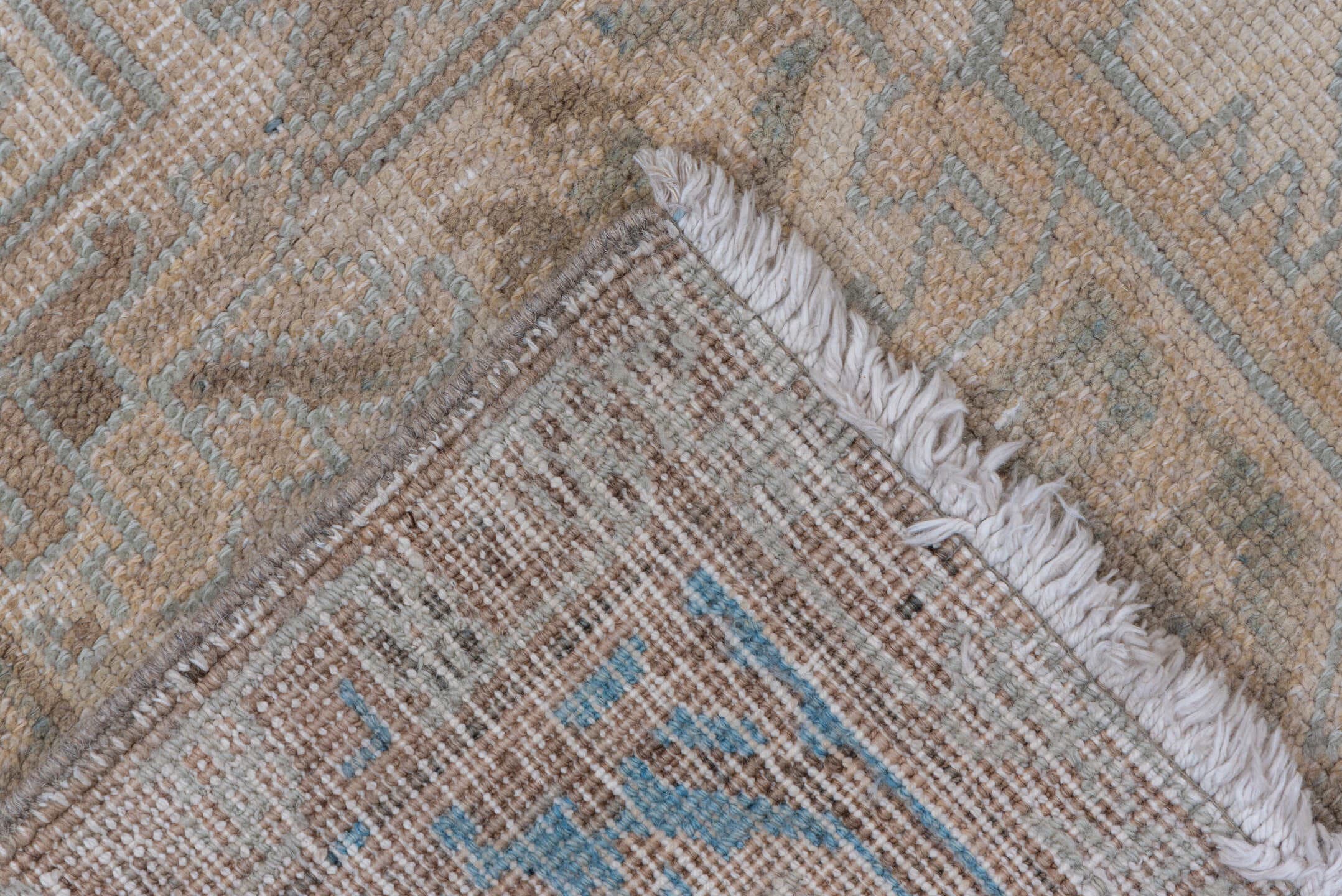 6' x 9' one-of-a-kind handmade antique Heriz medium size rug. Color palette: ivory, taupe, sky blue, beige, camel