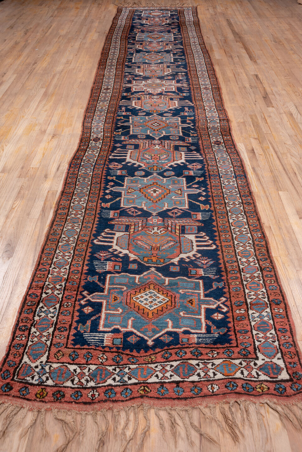 3' x 18' one-of-a-kind handmade vintage NW Persian runner rug. Color palette: blue, brown, gray, light gray, off-white, pink