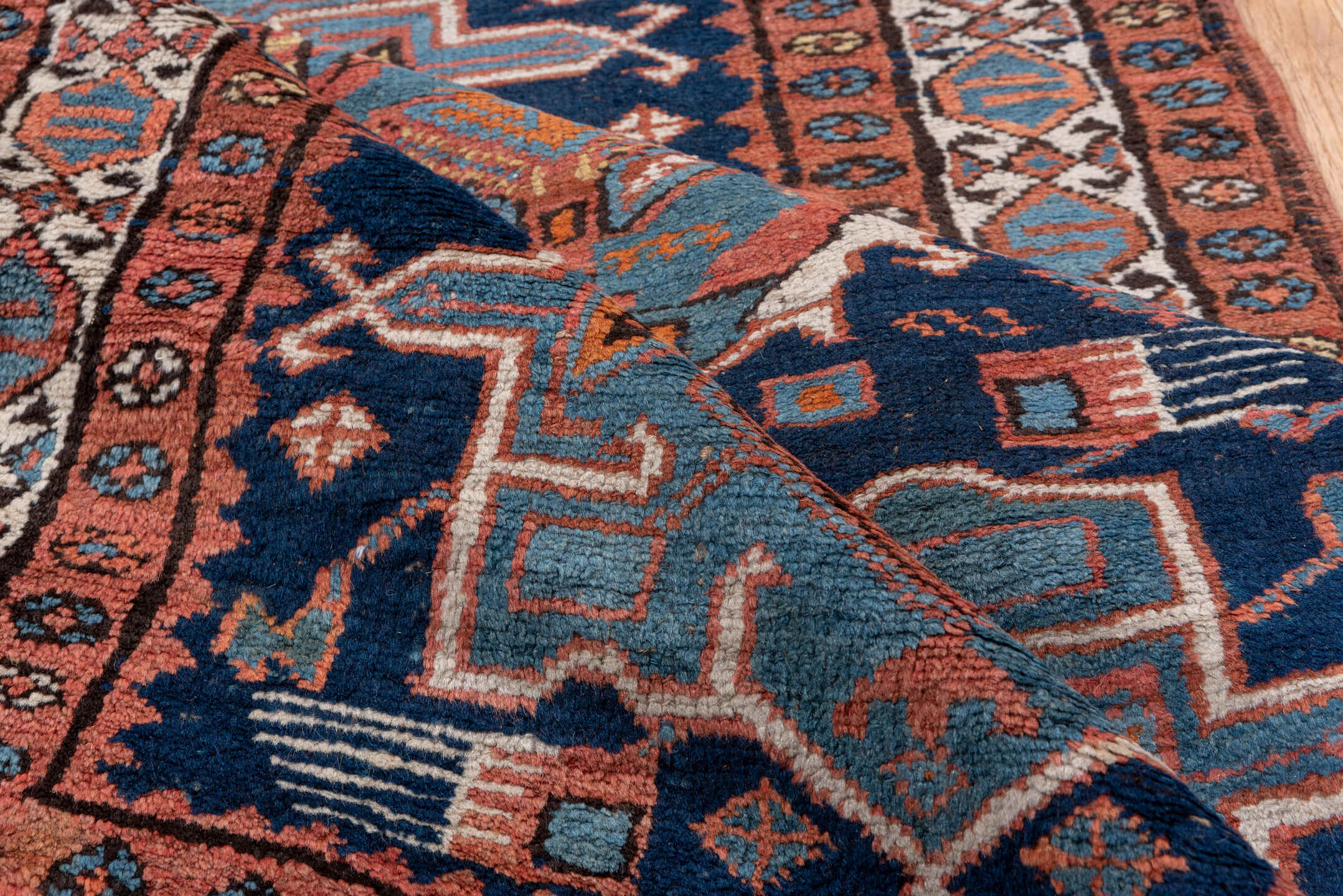 3' x 18' one-of-a-kind handmade antique NW Persian runner rug. Color palette: navy, rust, sky blue, ivory, camel, slate