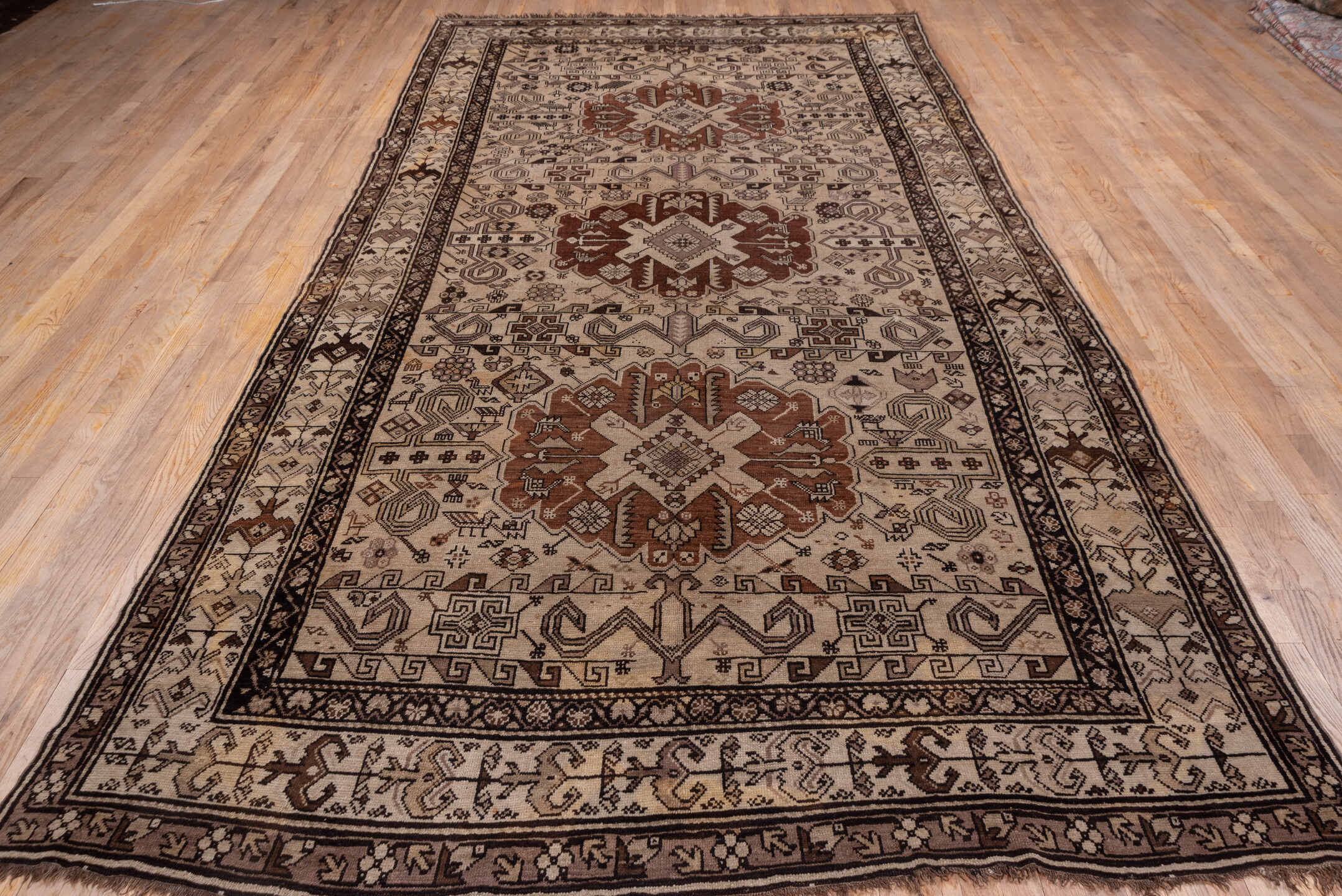 6' x 12' one-of-a-kind handmade antique Karabagh large size rug. Color palette: ivory, brown, rust, taupe, charcoal, camel