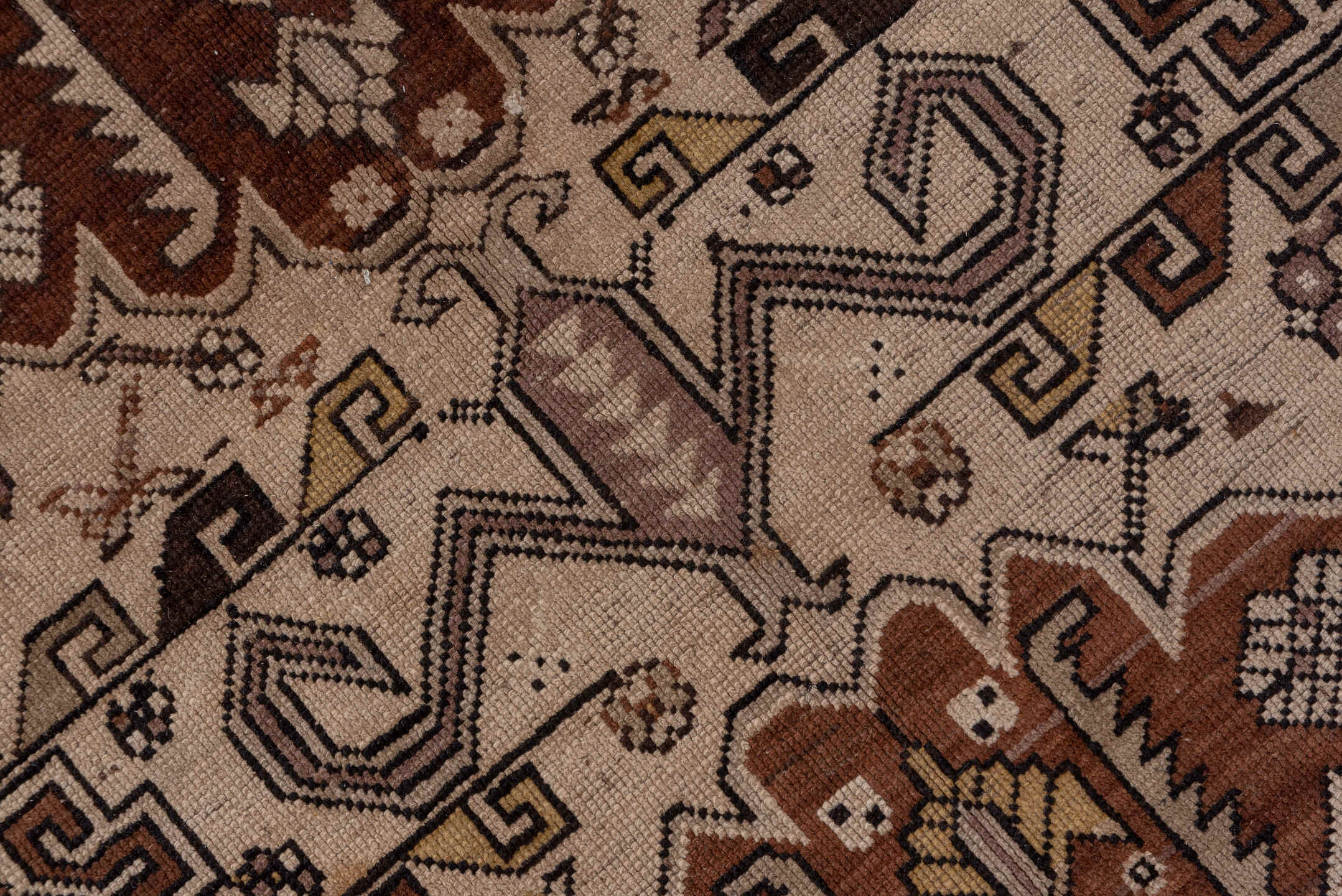 6' x 12' one-of-a-kind handmade antique Karabagh large size rug. Color palette: ivory, brown, rust, taupe, charcoal, camel