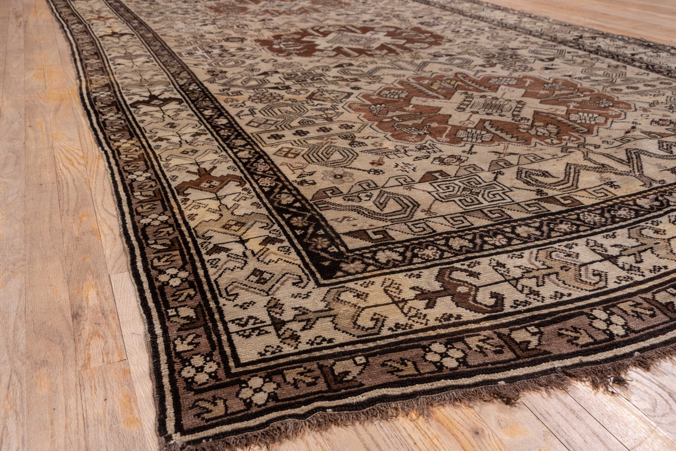 6' x 12' one-of-a-kind handmade antique Karabagh large size rug. Color palette: ivory, brown, rust, taupe, charcoal, camel