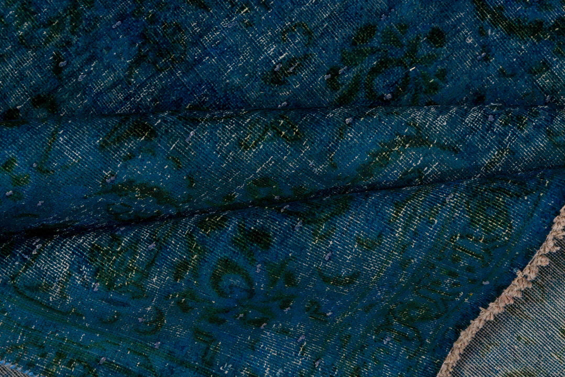 9' x 13' one-of-a-kind handmade vintage Overdyed large size rug. Color palette: arapawa, blue, gray, light gray