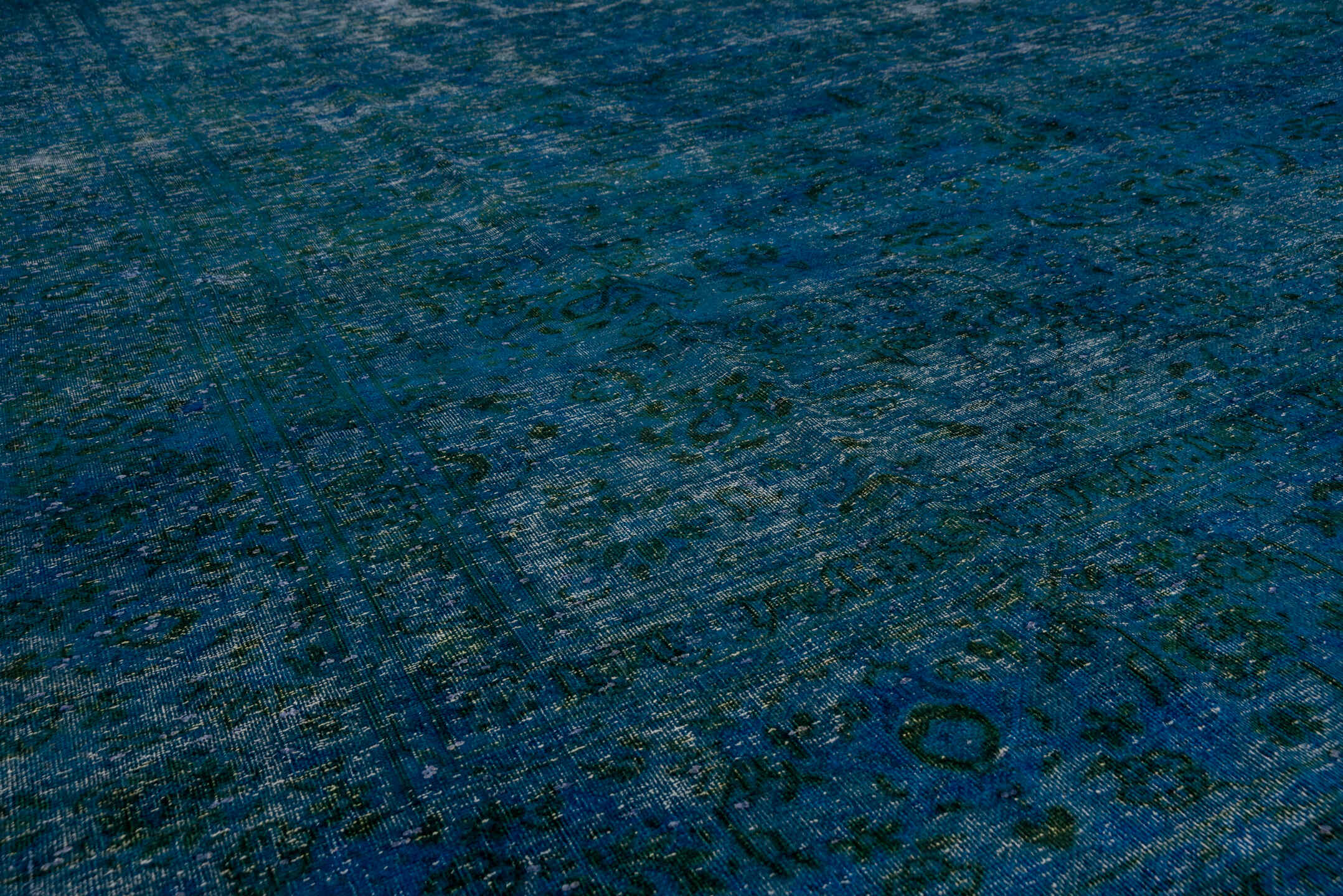 9' x 13' one-of-a-kind handmade vintage Overdyed large size rug. Color palette: arapawa, blue, gray, light gray