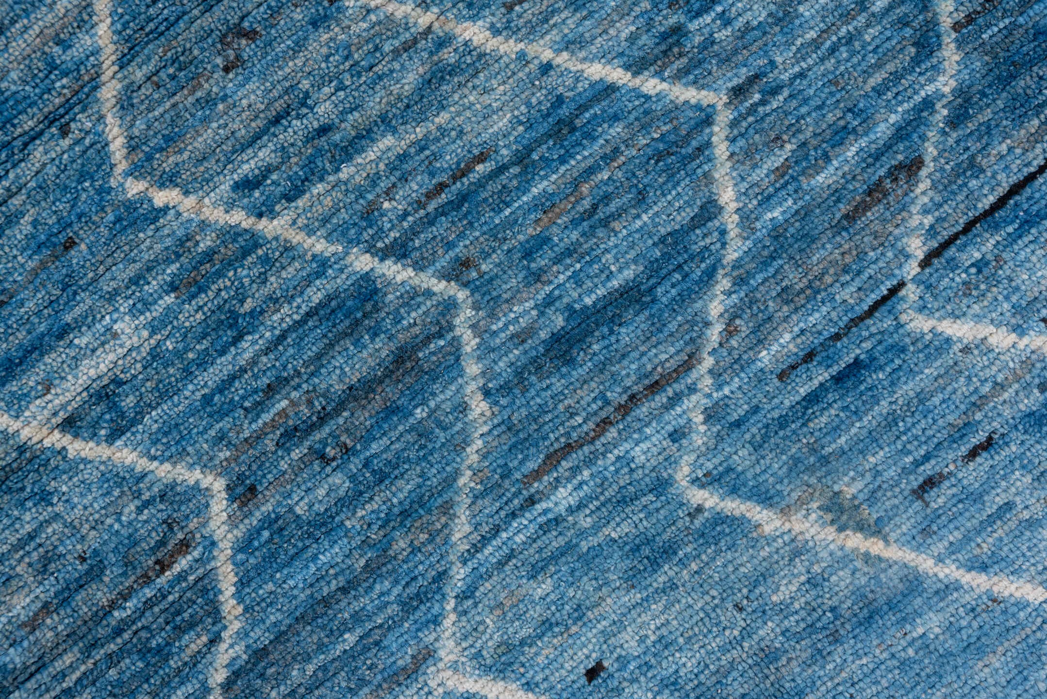 6' x 10' one-of-a-kind handmade vintage Moroccan large size rug. Color palette: blue, ivory, slate, charcoal, gray, black
