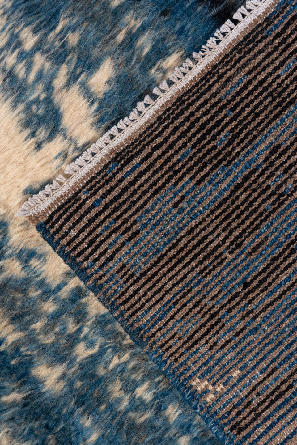 8' x 9' one-of-a-kind handmade vintage Moroccan rug. Color palette: blue, ivory, navy, charcoal, gray, black