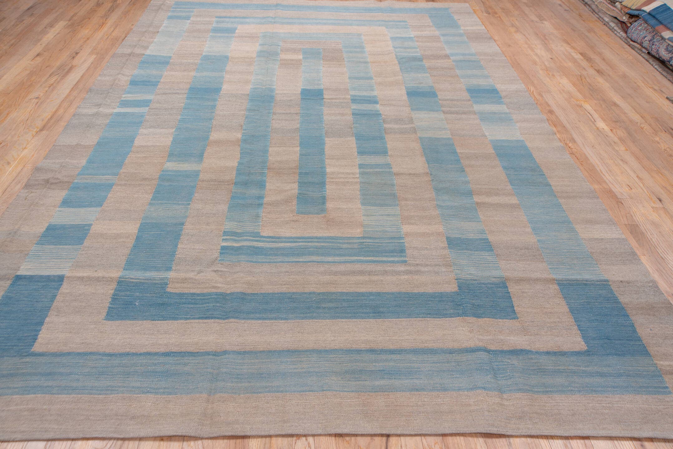 8' x 11' one-of-a-kind handmade vintage Kilim large size rug. Color palette: taupe, sky blue, beige, gray, light blue