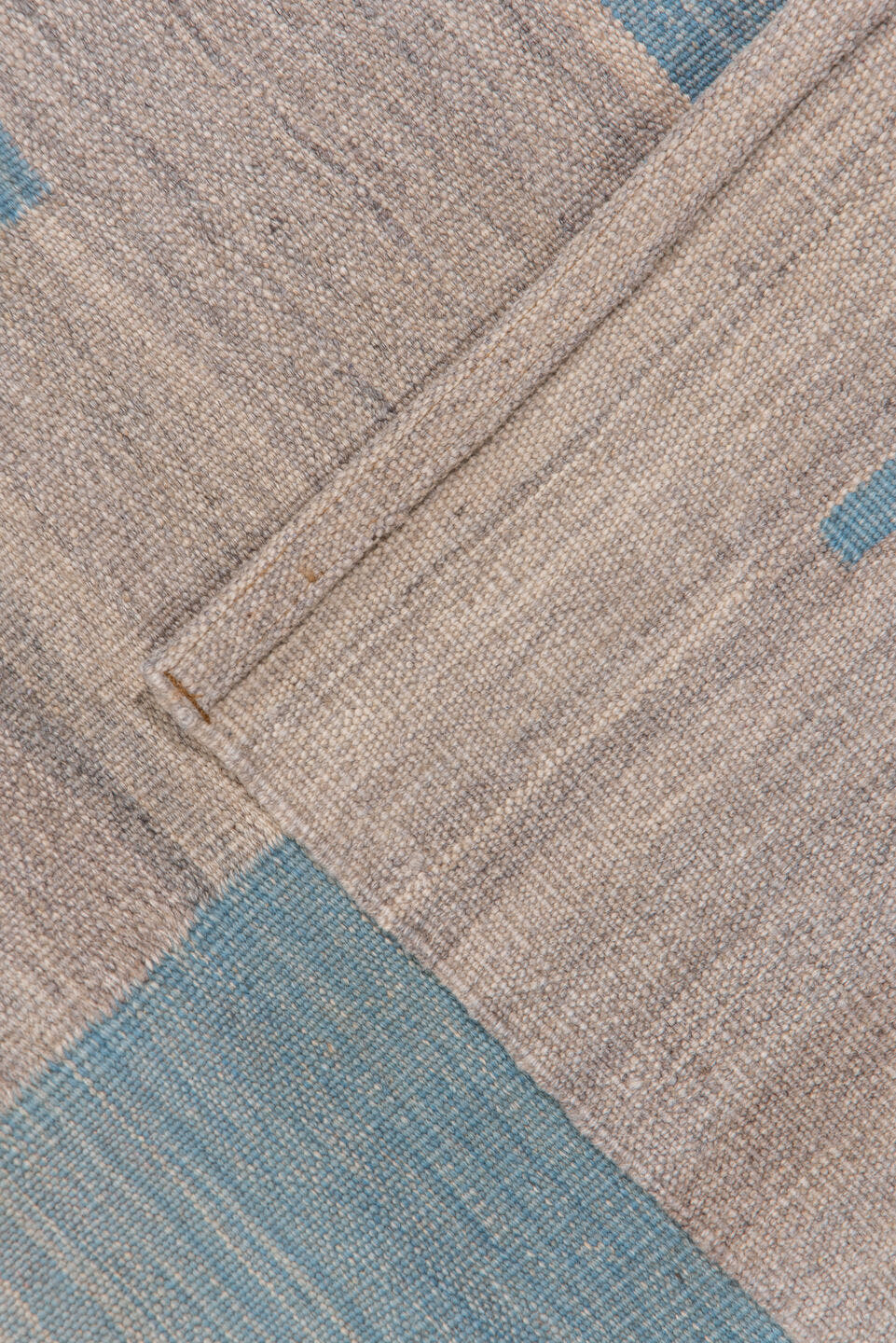 8' x 11' one-of-a-kind handmade vintage Kilim large size rug. Color palette: taupe, sky blue, beige, gray, light blue