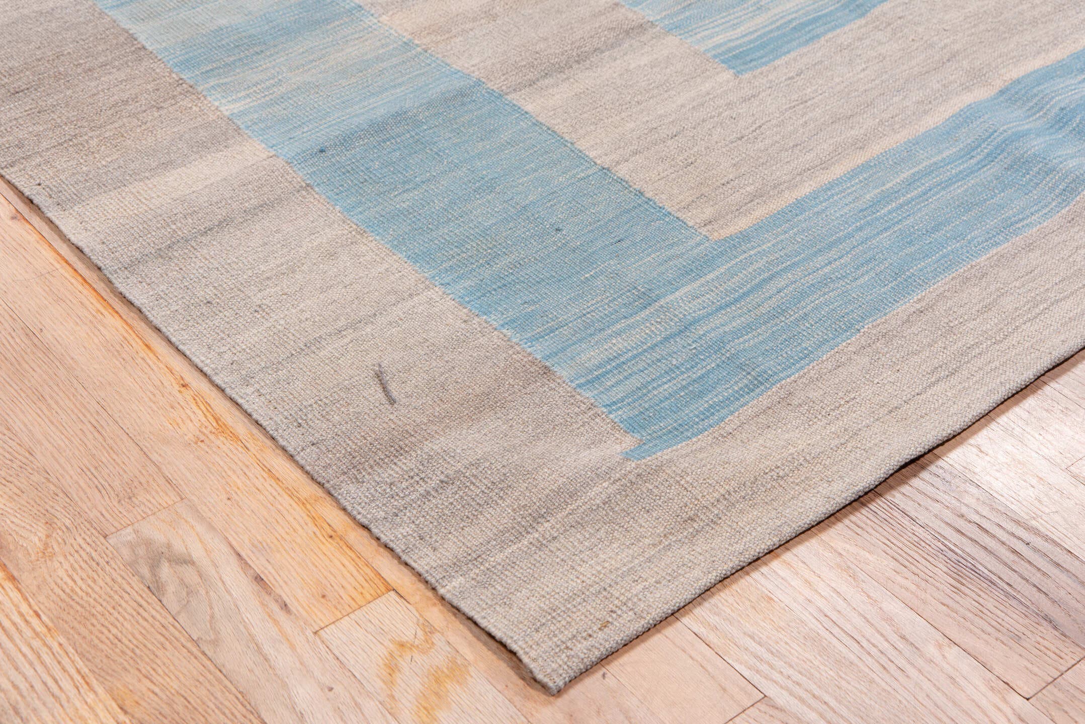 8' x 11' one-of-a-kind handmade vintage Kilim large size rug. Color palette: taupe, sky blue, beige, gray, light blue