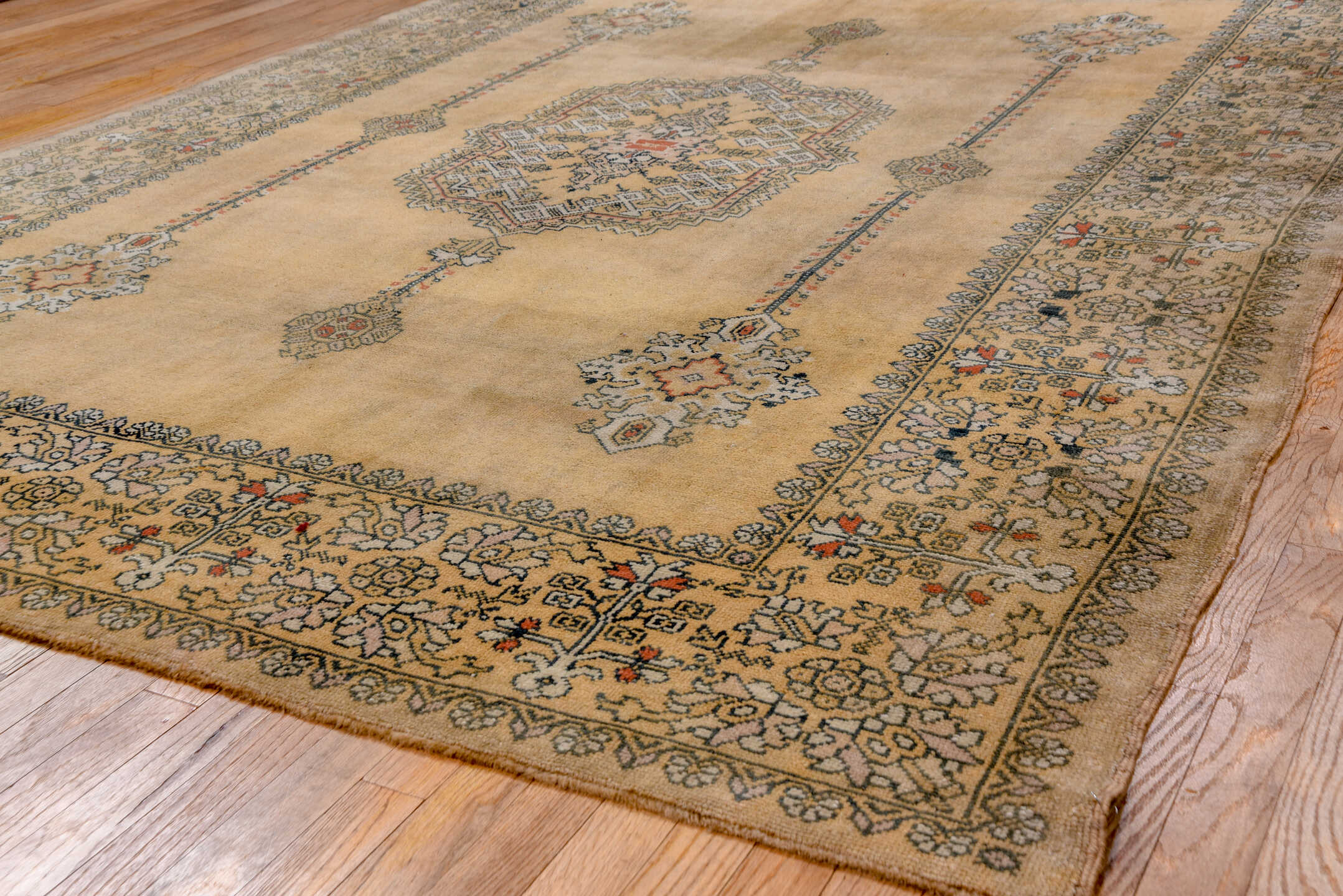 6' x 9' one-of-a-kind handmade vintage Sivas medium size rug. Color palette: camel, taupe, ivory, slate, rust, charcoal