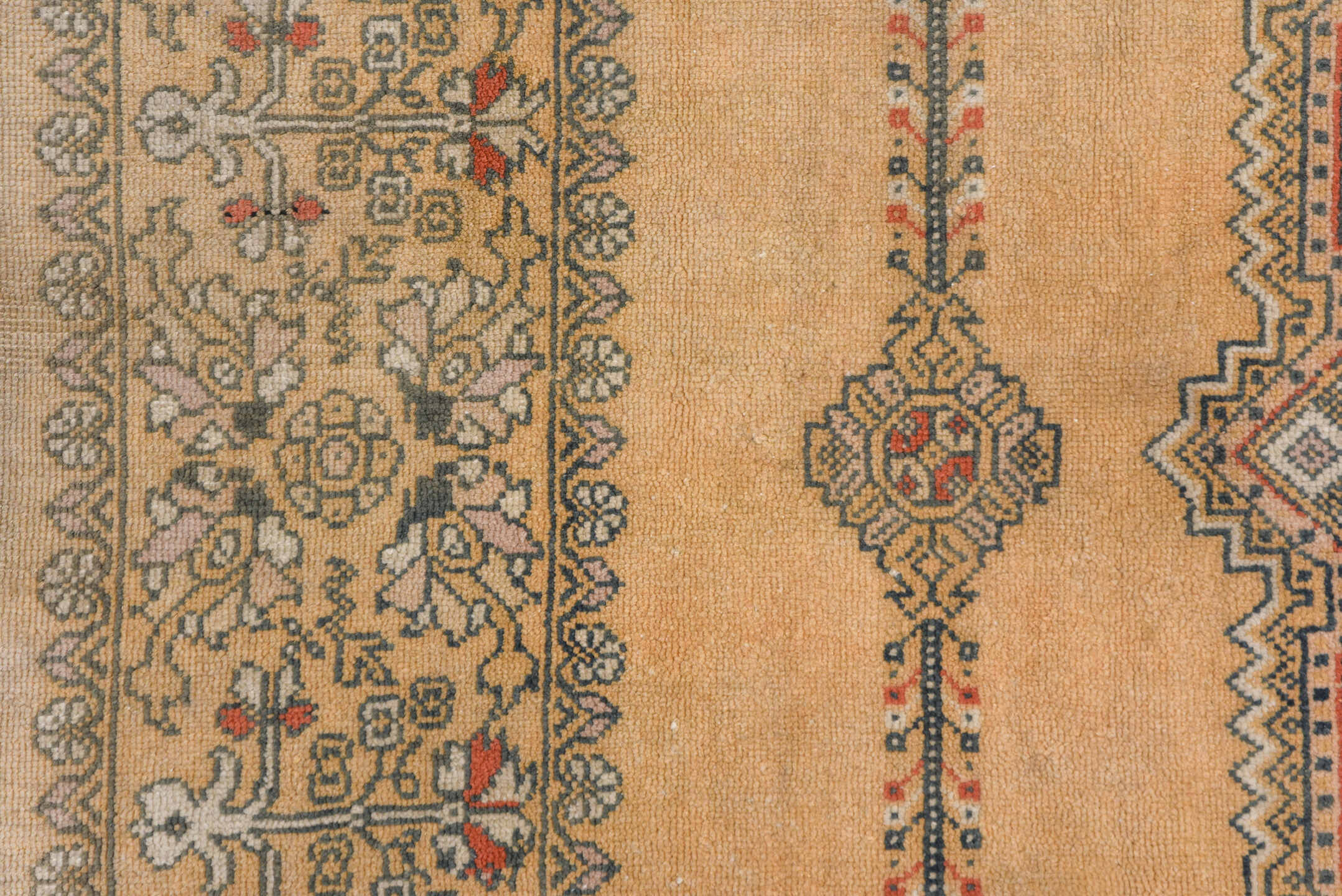 6' x 9' one-of-a-kind handmade vintage Sivas medium size rug. Color palette: camel, taupe, ivory, slate, rust, charcoal