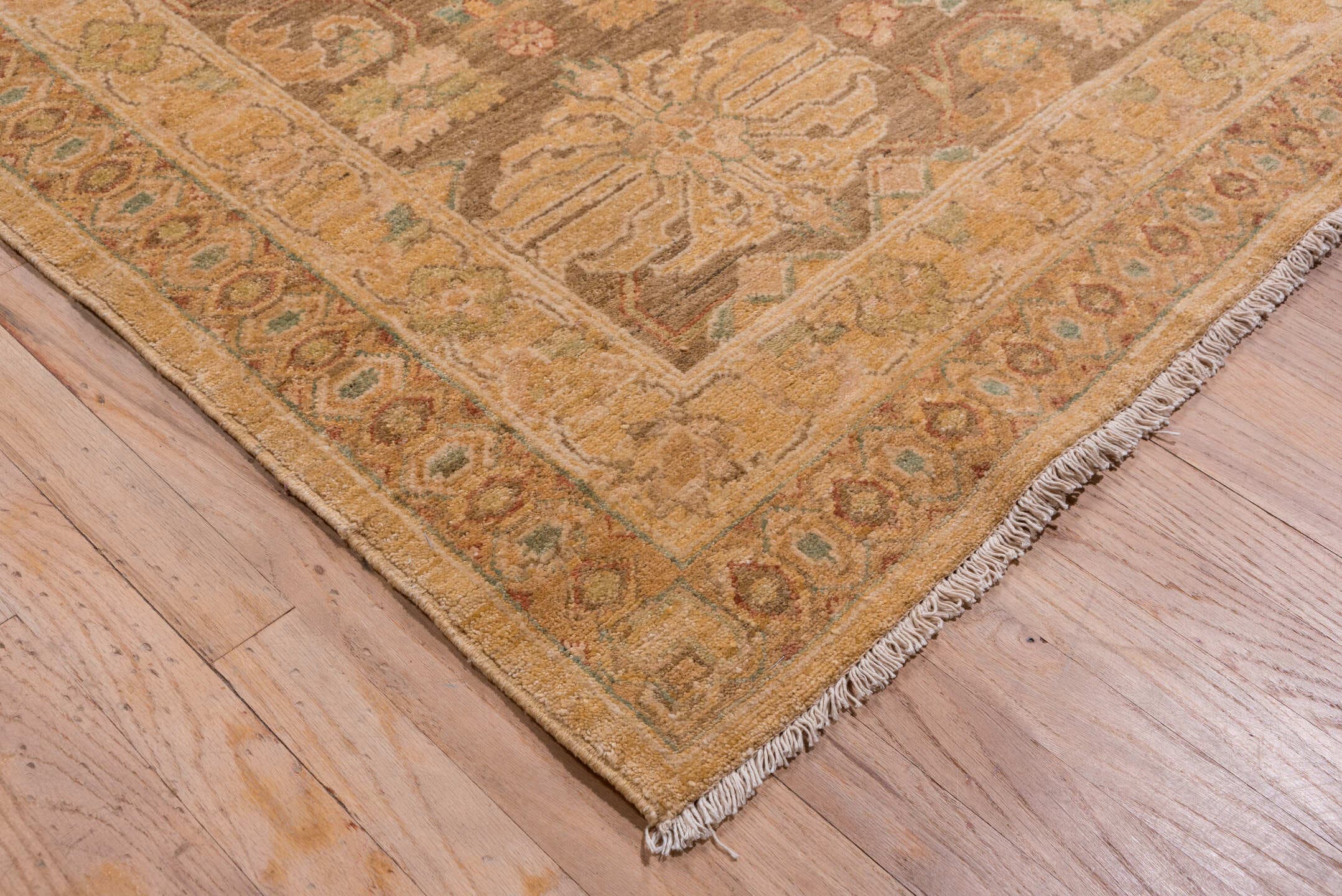 12' x 17' one-of-a-kind handmade vintage Pakistan oversize rug. Color palette: camel, taupe, brown, beige, sage, ivory
