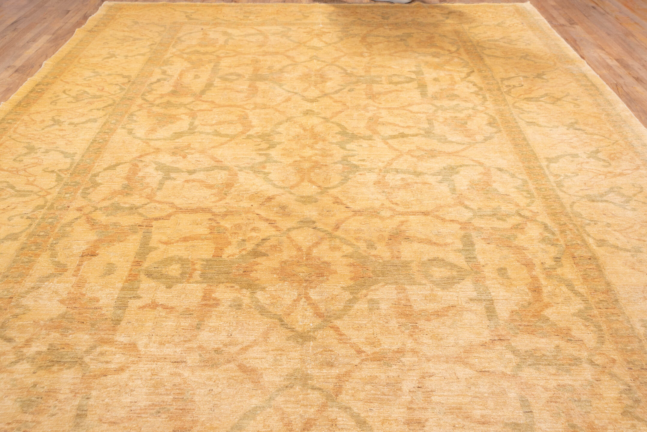 10' x 14' one-of-a-kind handmade vintage Polonase large size rug. Color palette: peach, apricot, ivory, sage, gold, beige