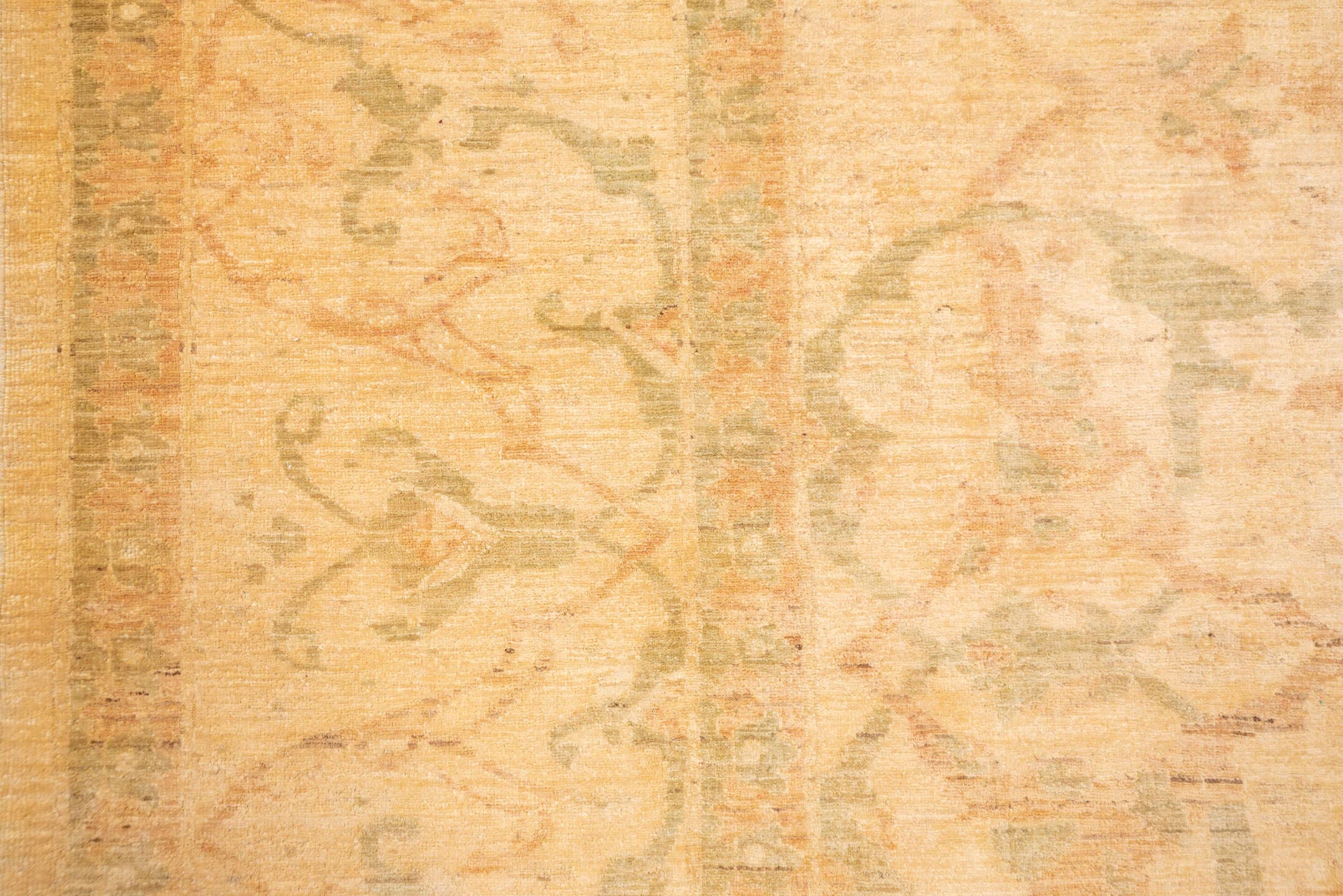 10' x 14' one-of-a-kind handmade vintage Polonase large size rug. Color palette: peach, apricot, ivory, sage, gold, beige