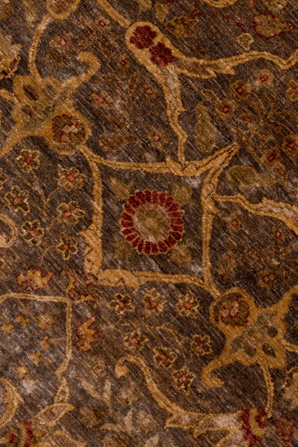 12' x 17' one-of-a-kind handmade vintage Amritzar oversize rug. Color palette: brown, camel, taupe, rust, gold, slate