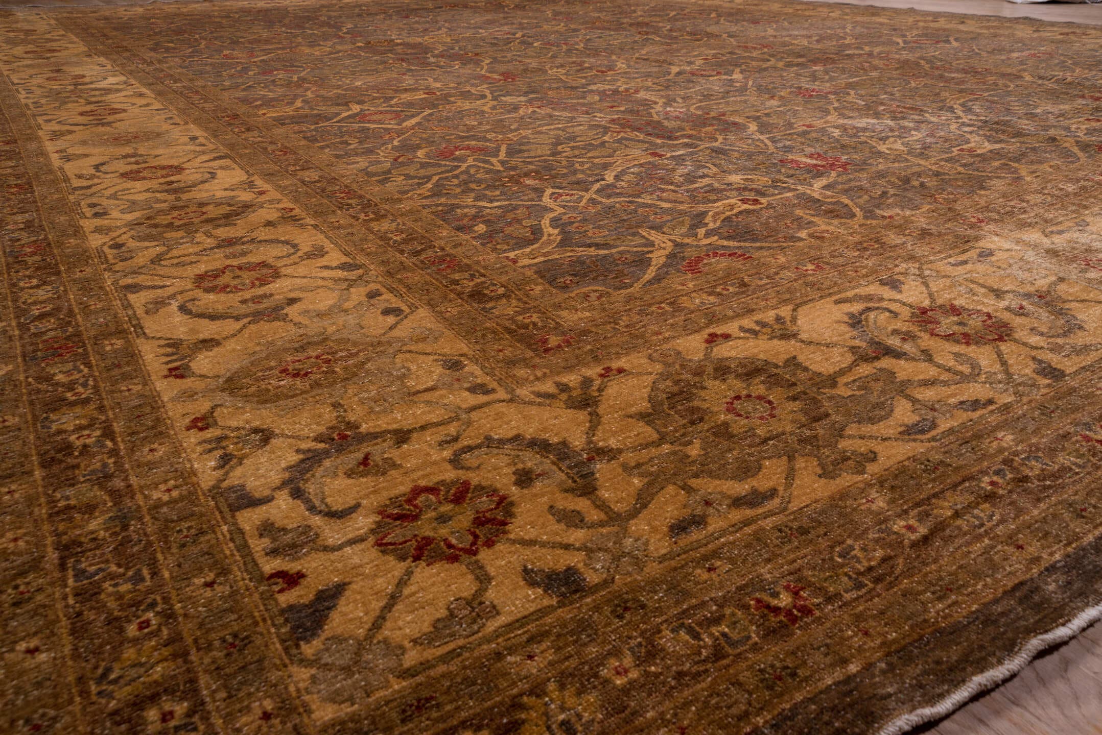 12' x 17' one-of-a-kind handmade vintage Amritzar oversize rug. Color palette: brown, camel, taupe, rust, gold, slate