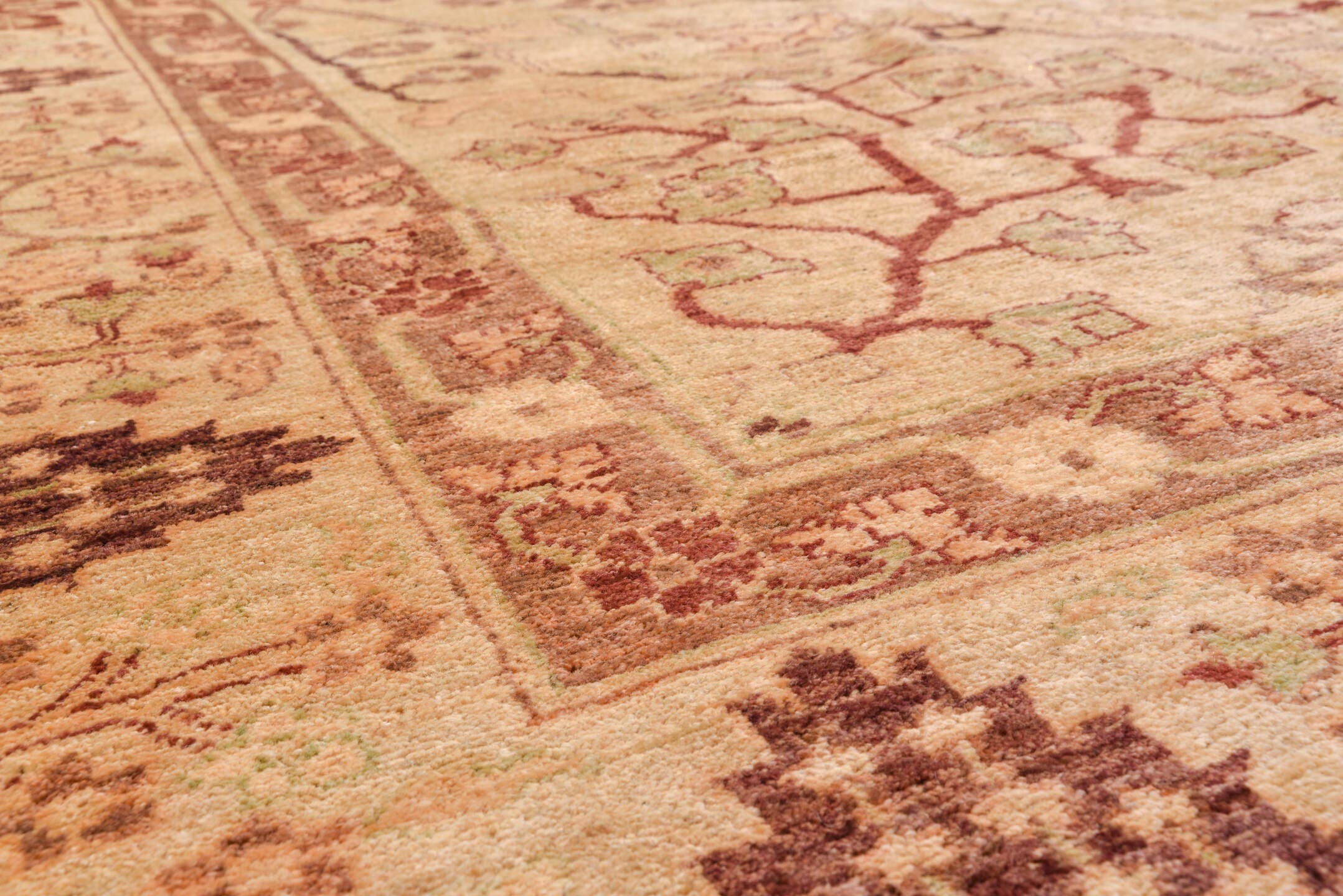 13' x 17' one-of-a-kind handmade vintage Sultanabad oversize rug. Color palette: ivory, taupe, rose, rust, beige, sage