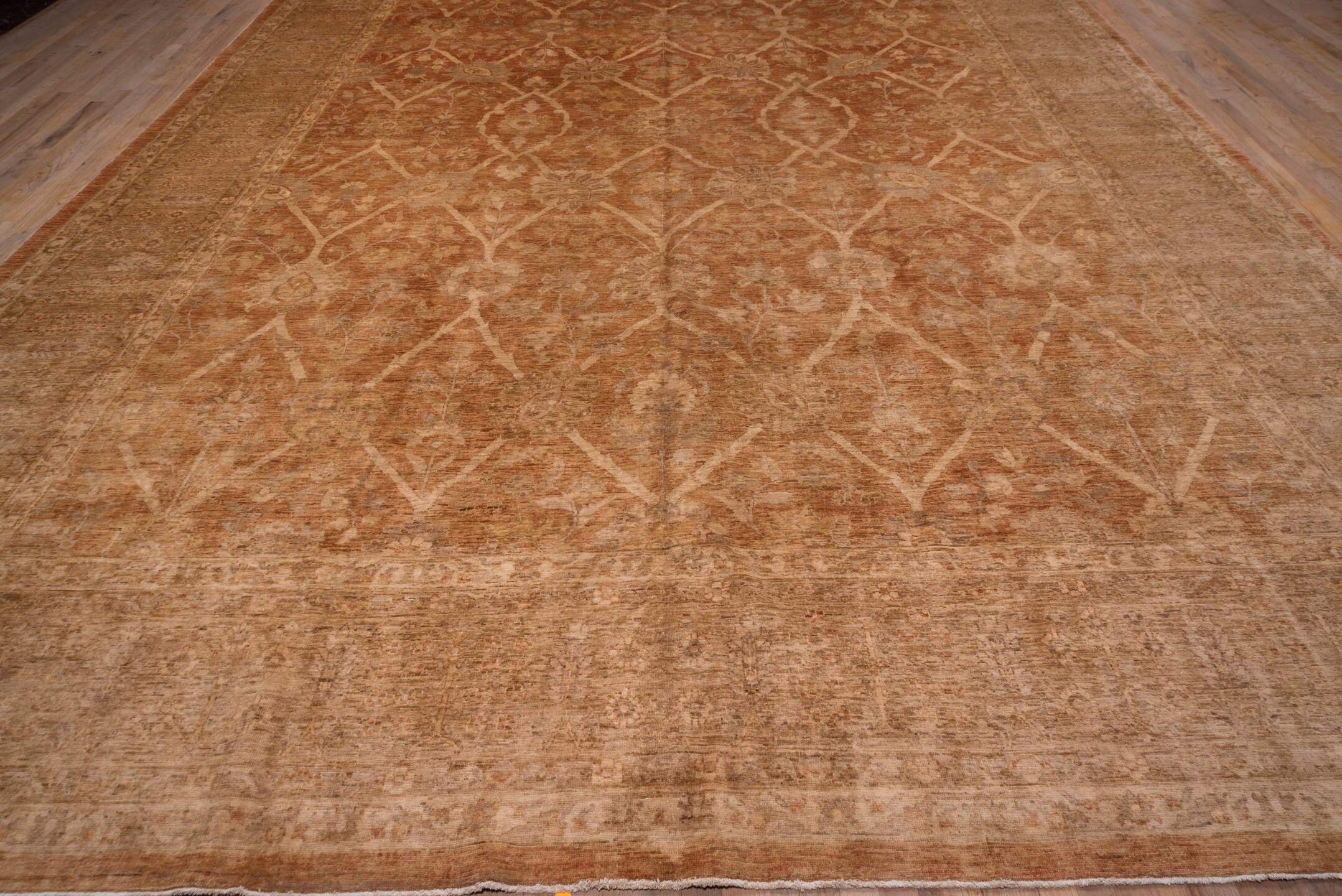 12' x 17' one-of-a-kind handmade vintage Pakistan oversize rug. Color palette: terra cotta, camel, taupe, ivory, beige