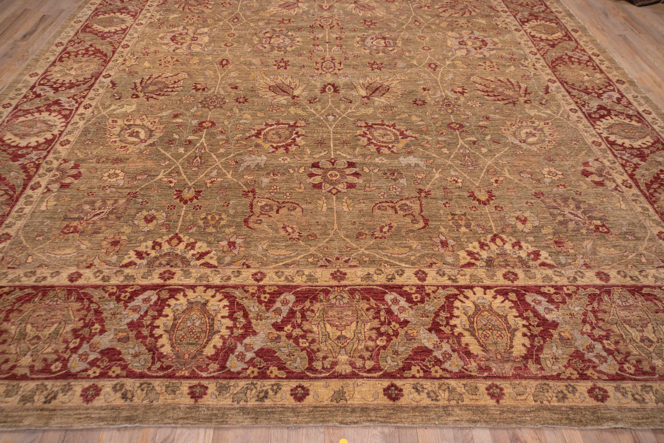 12' x 17' one-of-a-kind handmade vintage Sultanabad oversize rug. Color palette: brown, gray, pink, red