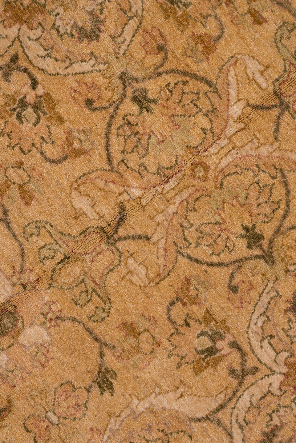 13' x 18' one-of-a-kind handmade vintage Amritzar oversize rug. Color palette: camel, beige, taupe, ivory, tan, sage, brown