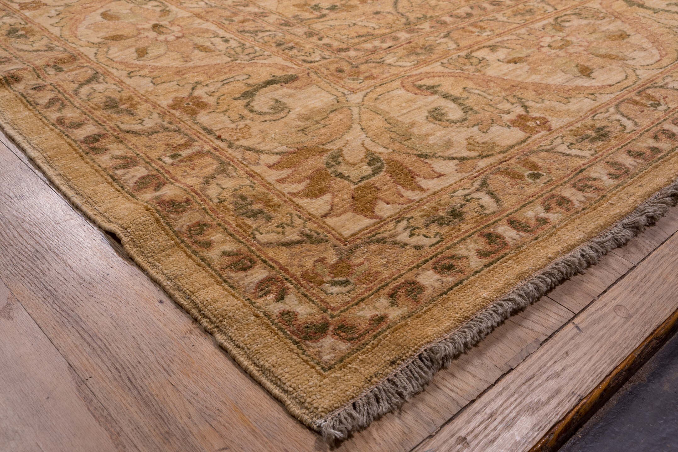 13' x 18' one-of-a-kind handmade vintage Amritzar oversize rug. Color palette: camel, beige, taupe, ivory, tan, sage, brown