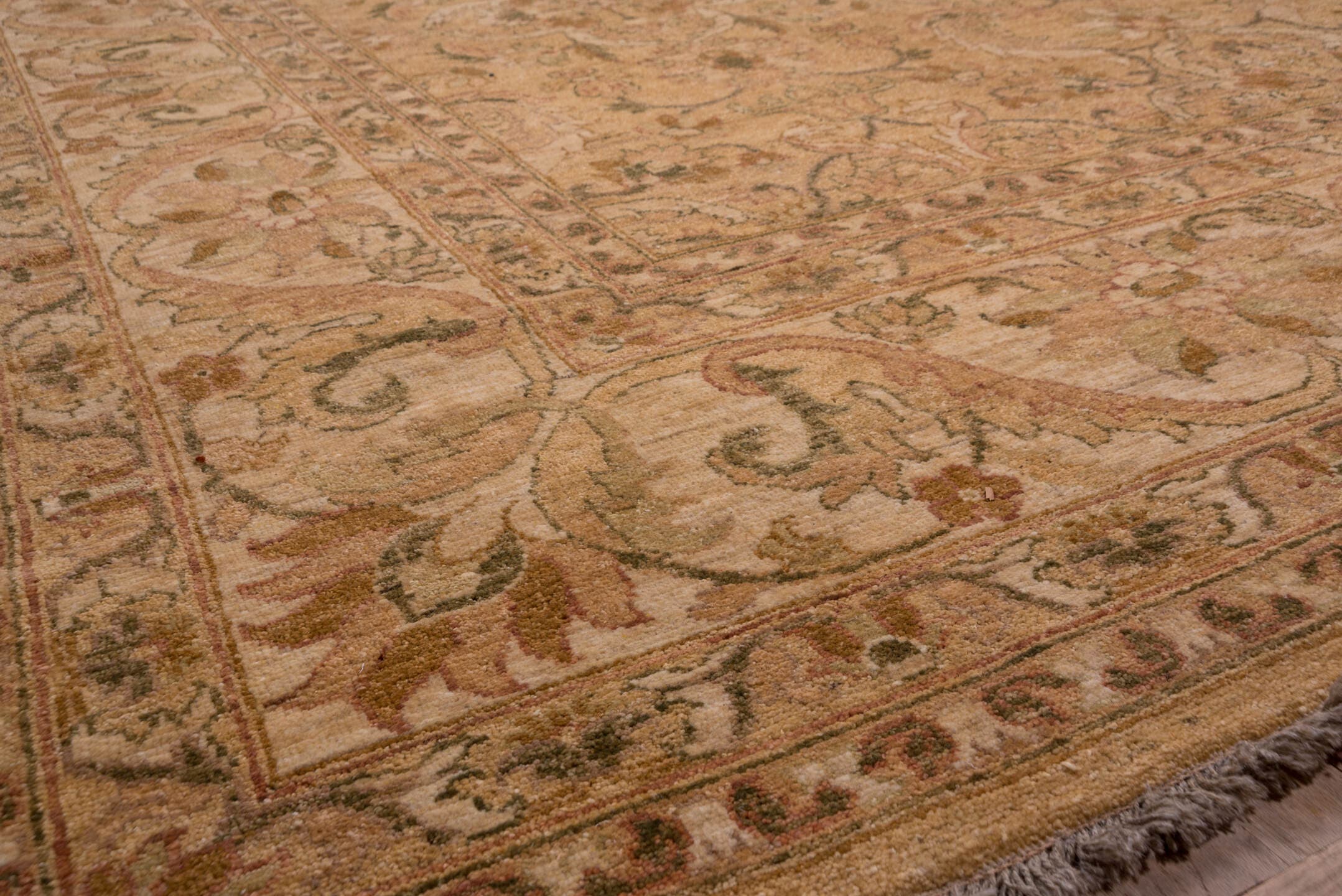 13' x 18' one-of-a-kind handmade vintage Amritzar oversize rug. Color palette: camel, beige, taupe, ivory, tan, sage, brown