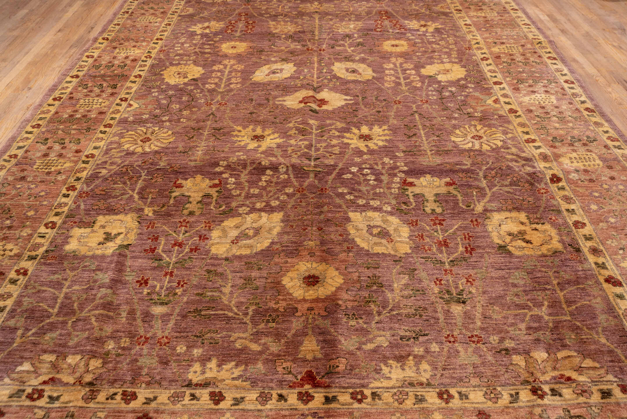 10' x 13' one-of-a-kind handmade vintage Amritzar large size rug. Color palette: brown, burlywood, pink, red, tan