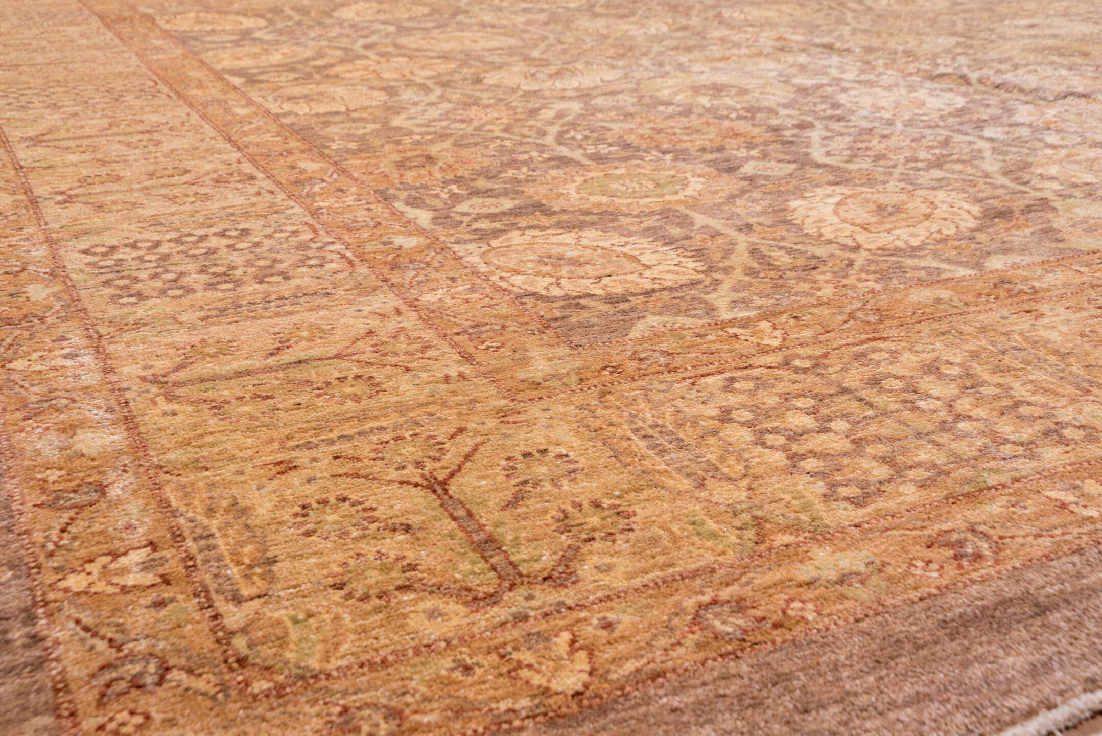 10' x 13' one-of-a-kind handmade vintage Tabriz large size rug. Color palette: taupe, camel, ivory, beige, rose, sage, brown