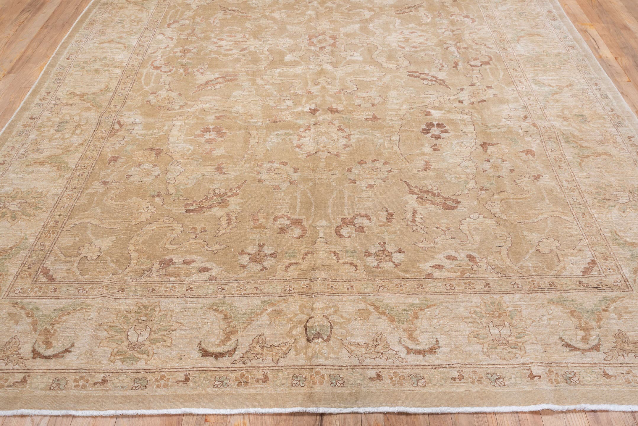 8' x 12' one-of-a-kind handmade vintage Amritzar large size rug. Color palette: beige, ivory, taupe, camel, sand, rose, sage