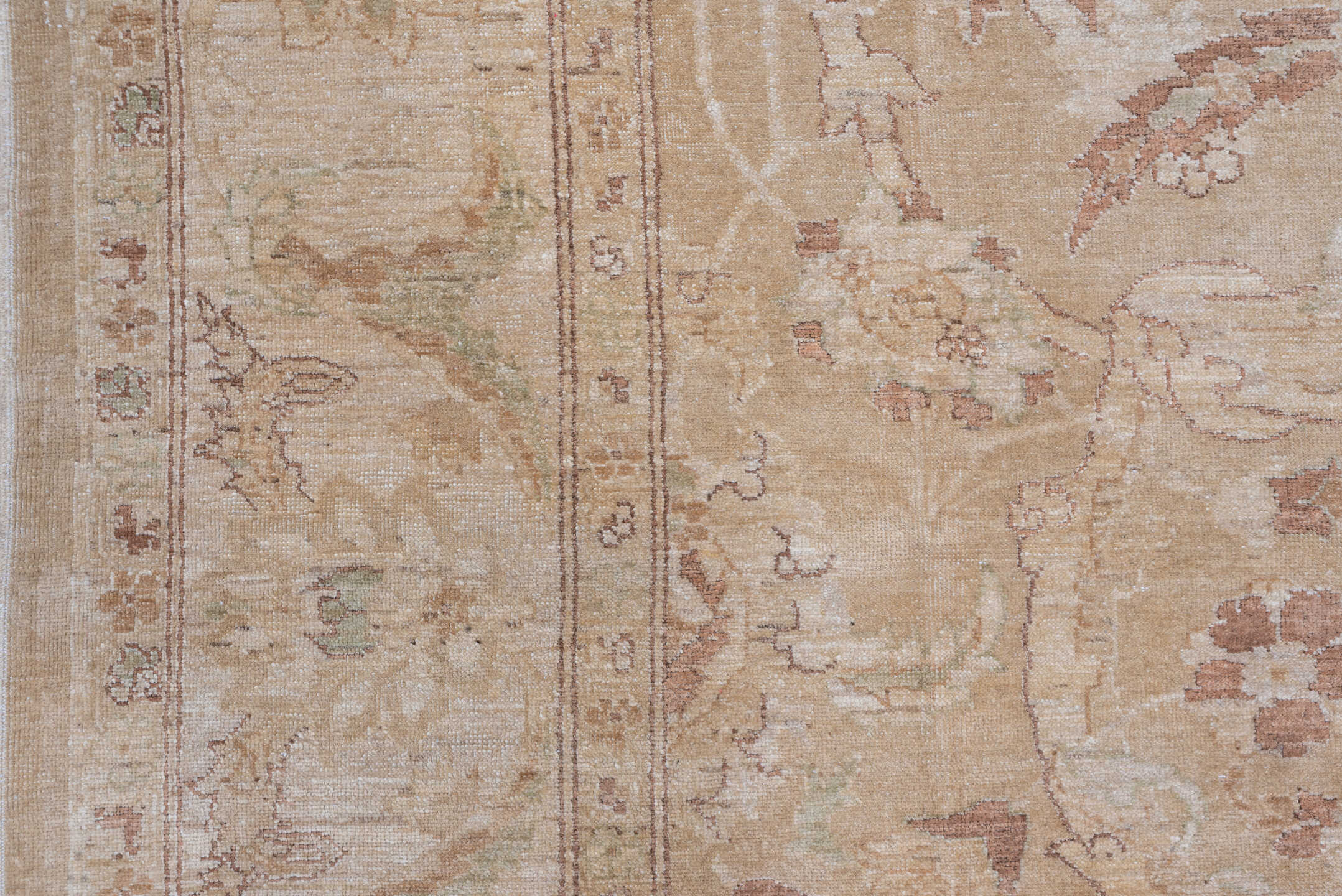8' x 12' one-of-a-kind handmade vintage Amritzar large size rug. Color palette: beige, ivory, taupe, camel, sand, rose, sage