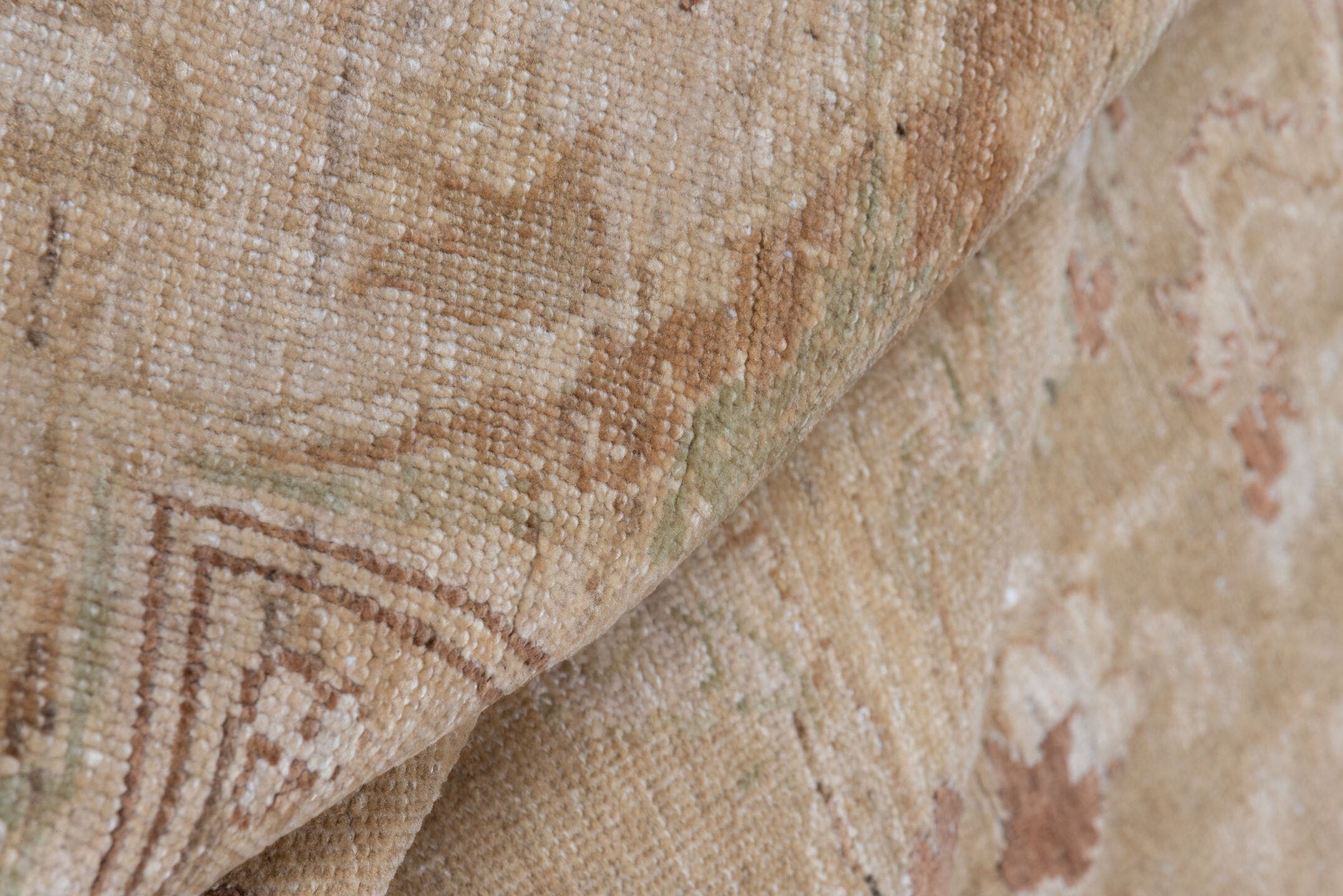 8' x 12' one-of-a-kind handmade vintage Amritzar large size rug. Color palette: beige, ivory, taupe, camel, sand, rose, sage