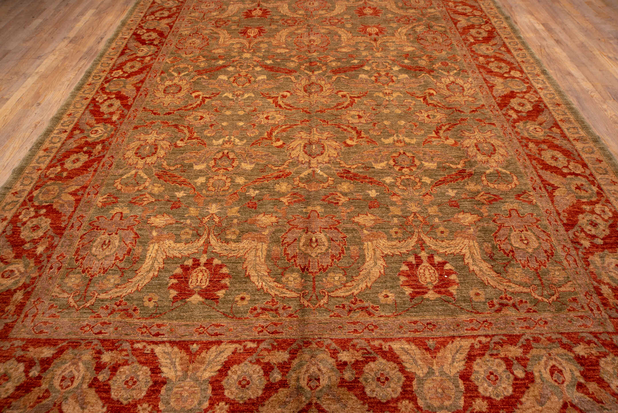 9' x 13' one-of-a-kind handmade vintage Sultanabad large size rug. Color palette: taupe, rust, beige, olive, camel