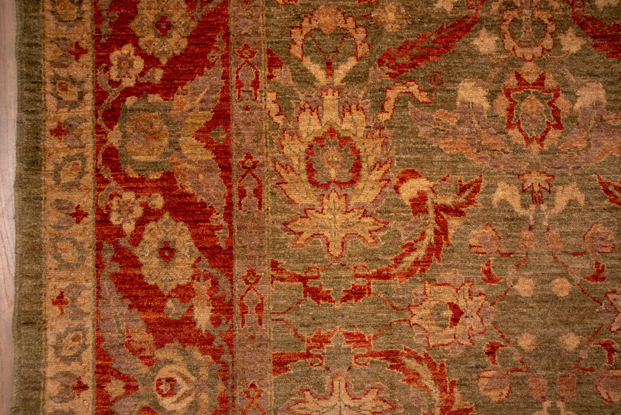 9' x 13' one-of-a-kind handmade vintage Sultanabad large size rug. Color palette: taupe, rust, beige, olive, camel