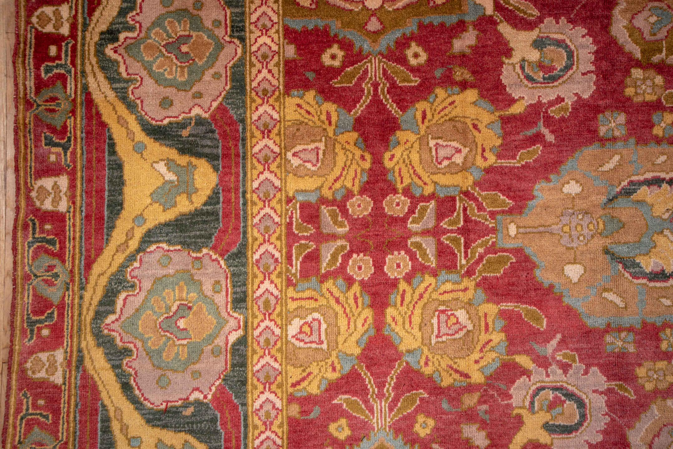 11' x 13' one-of-a-kind handmade vintage Agra oversize rug. Color palette: rust, charcoal, gold, ivory, sage, terra cotta