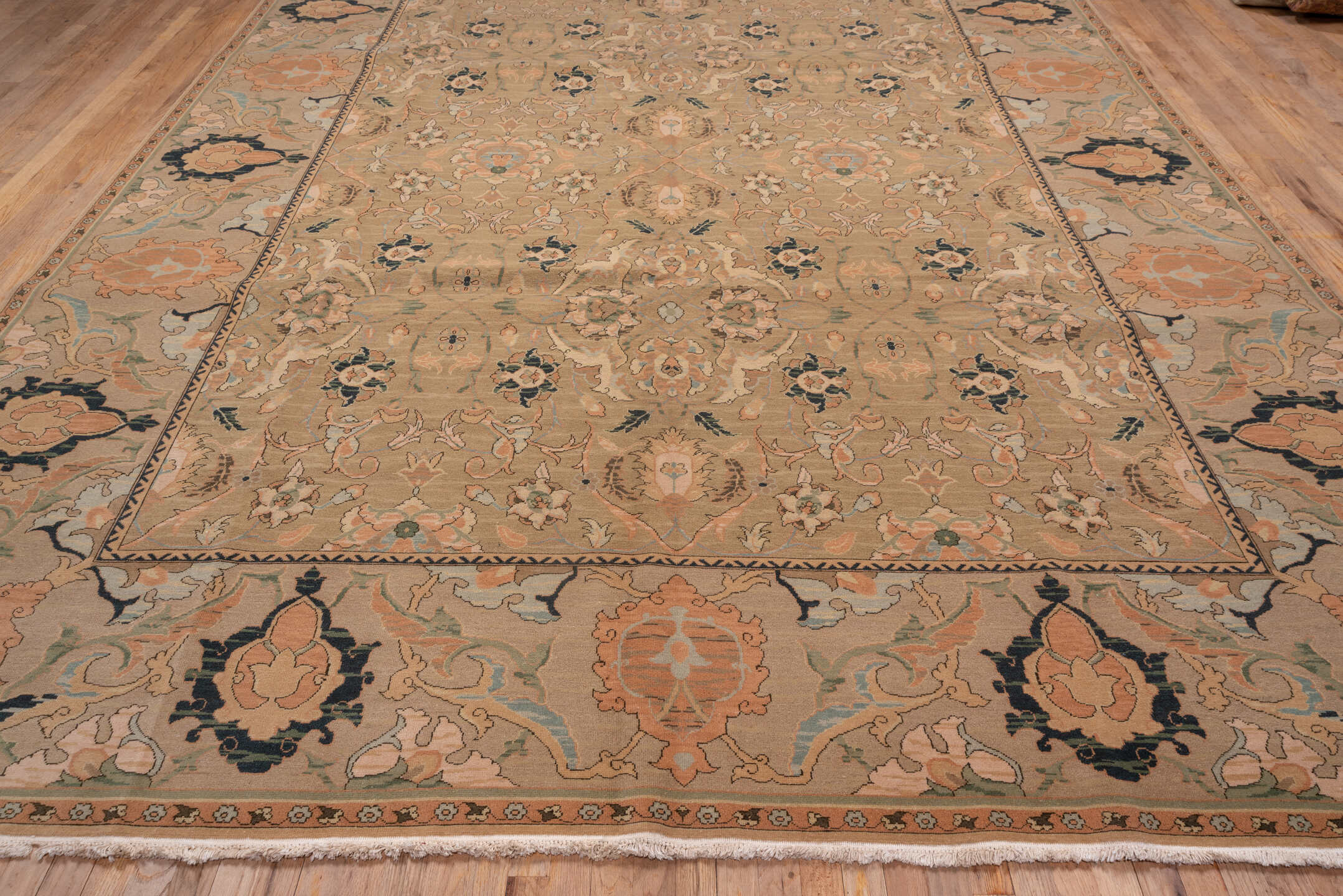10' x 13' one-of-a-kind handmade vintage Polonase large size rug. Color palette: beige, blush, sage, ivory, charcoal, taupe