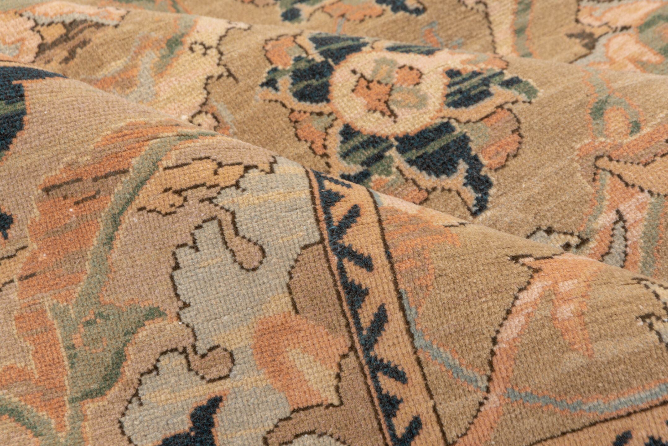 10' x 13' one-of-a-kind handmade vintage Polonase large size rug. Color palette: beige, blush, sage, ivory, charcoal, taupe