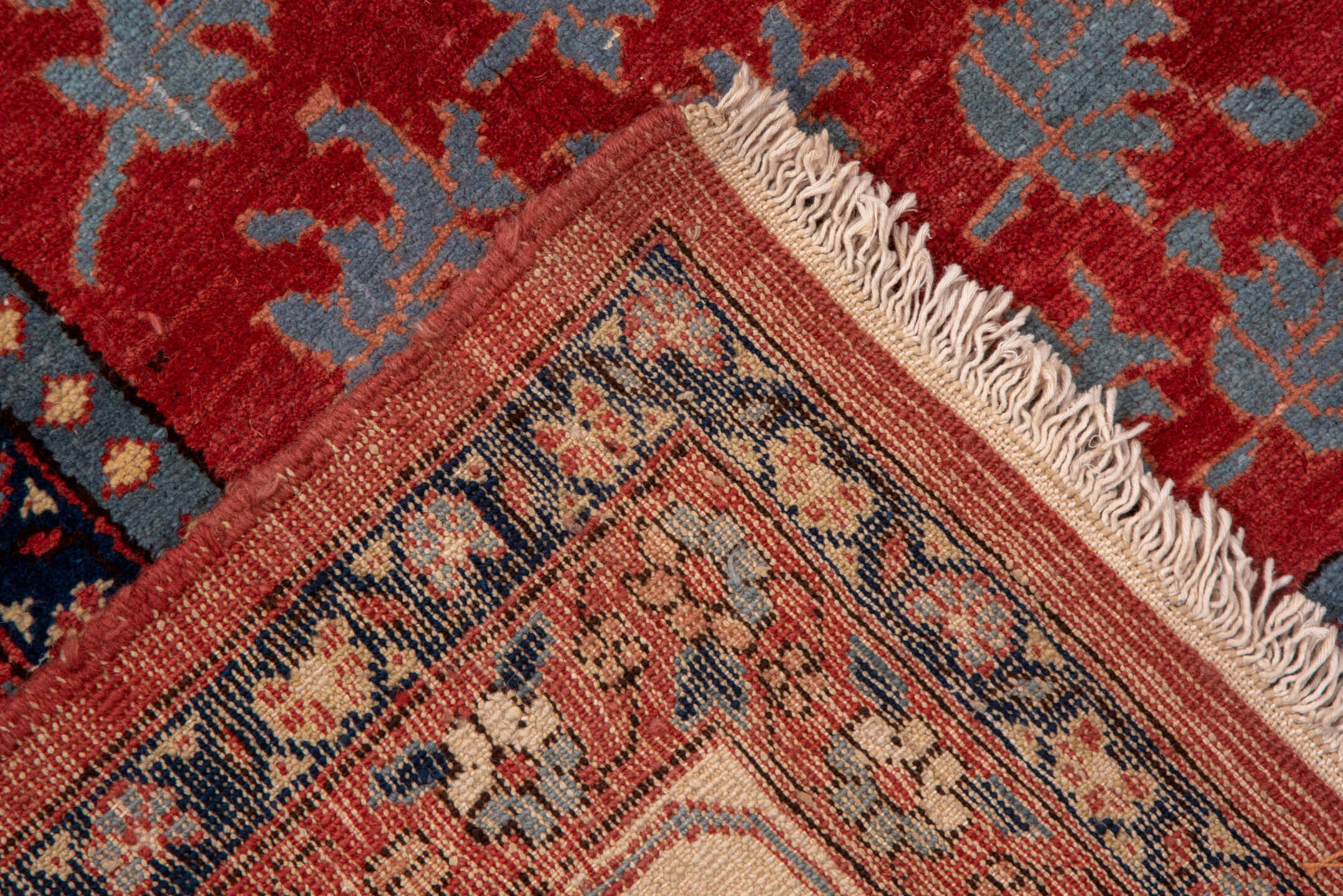 10' x 14' one-of-a-kind handmade vintage Serapi large size rug. Color palette: ivory, rust, indigo, soft blue, brick, camel