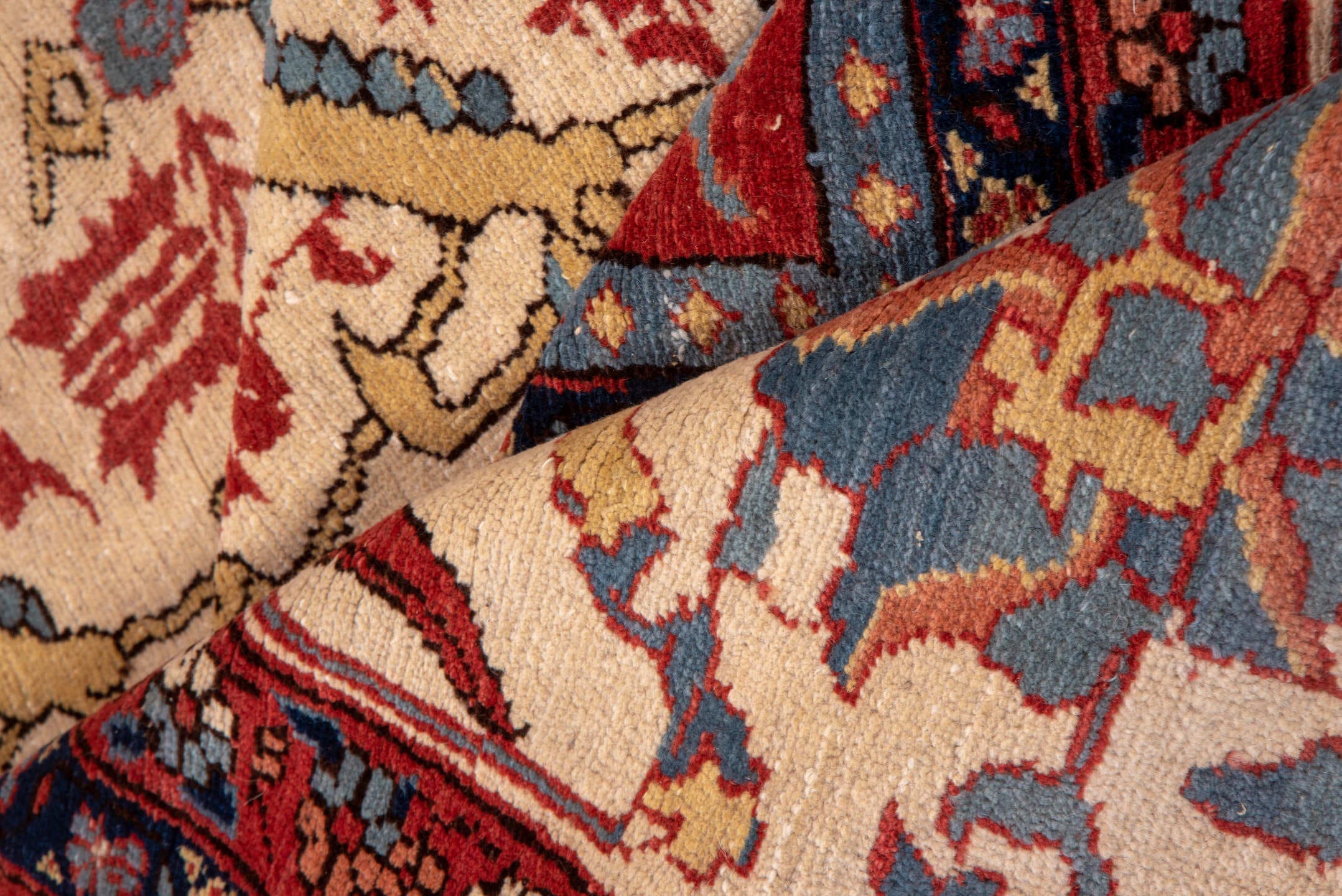 10' x 14' one-of-a-kind handmade vintage Serapi large size rug. Color palette: ivory, rust, indigo, soft blue, brick, camel