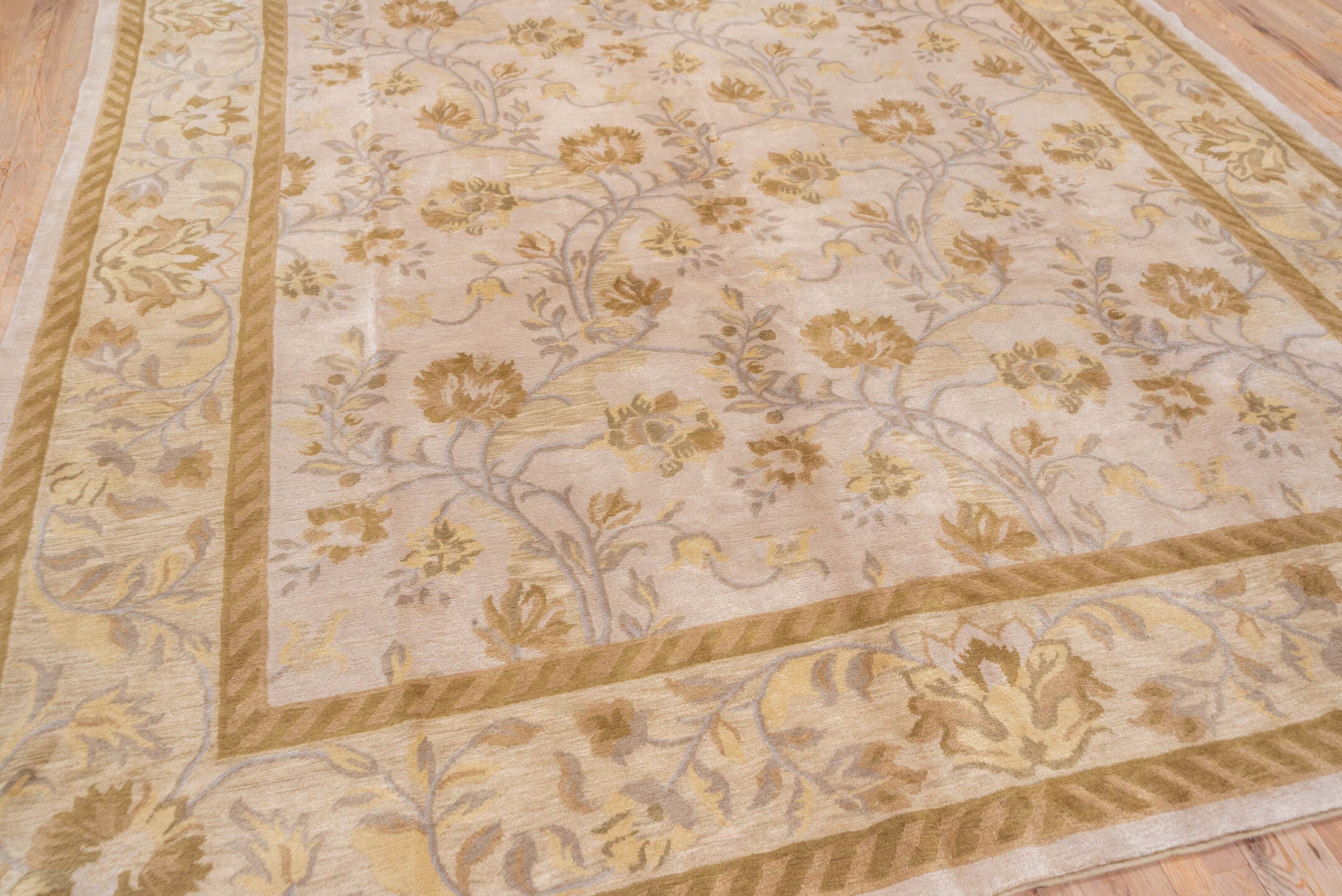 9' x 13' one-of-a-kind handmade vintage India large size rug. Color palette: ivory, taupe, camel, beige, sand, light blue