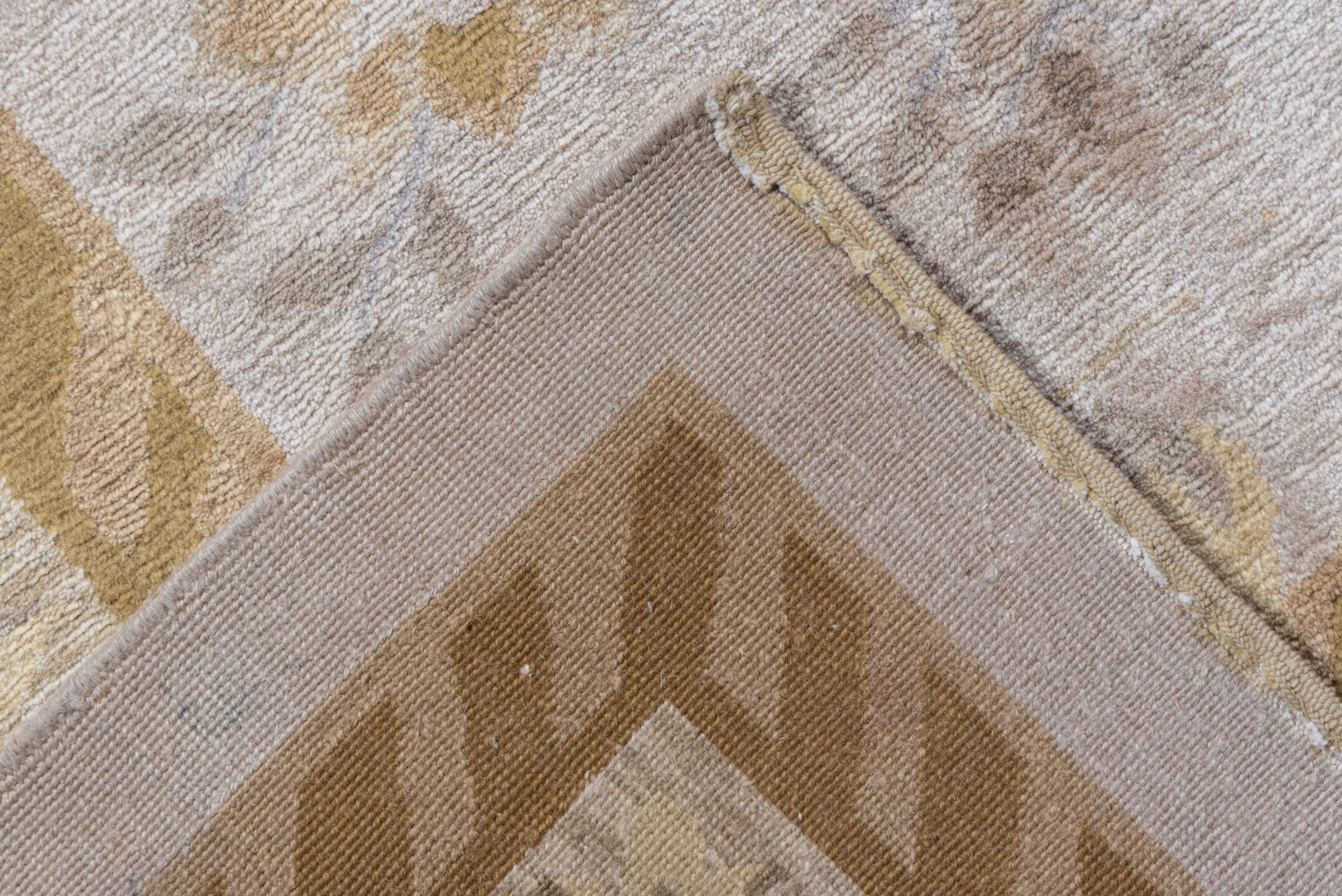 9' x 13' one-of-a-kind handmade vintage India large size rug. Color palette: ivory, taupe, camel, beige, sand, light blue