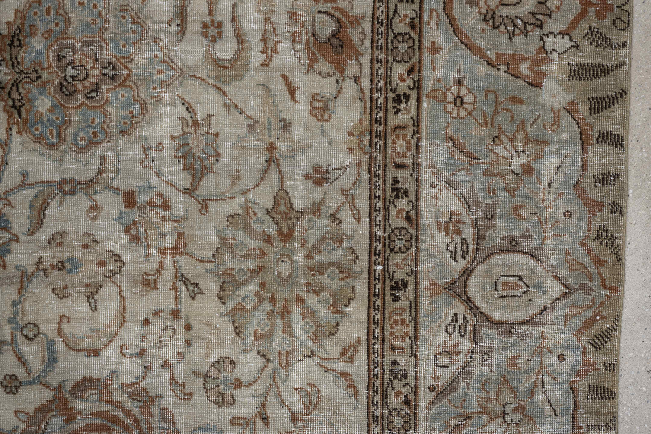 6' x 10' one-of-a-kind handmade vintage Tabriz large size rug. Color palette: ivory, taupe, sky blue, terracotta, camel