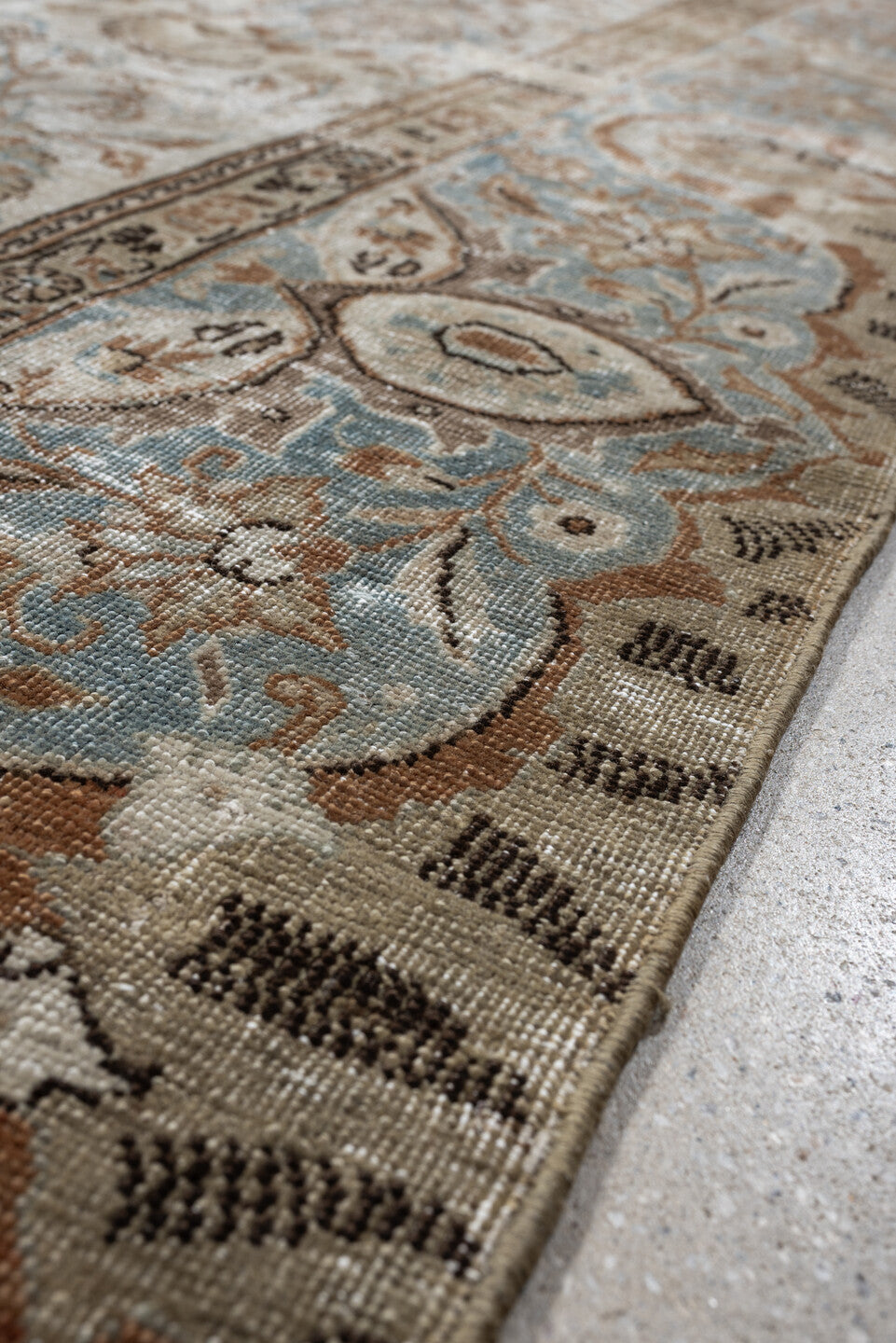 6' x 10' one-of-a-kind handmade vintage Tabriz large size rug. Color palette: ivory, taupe, sky blue, terracotta, camel