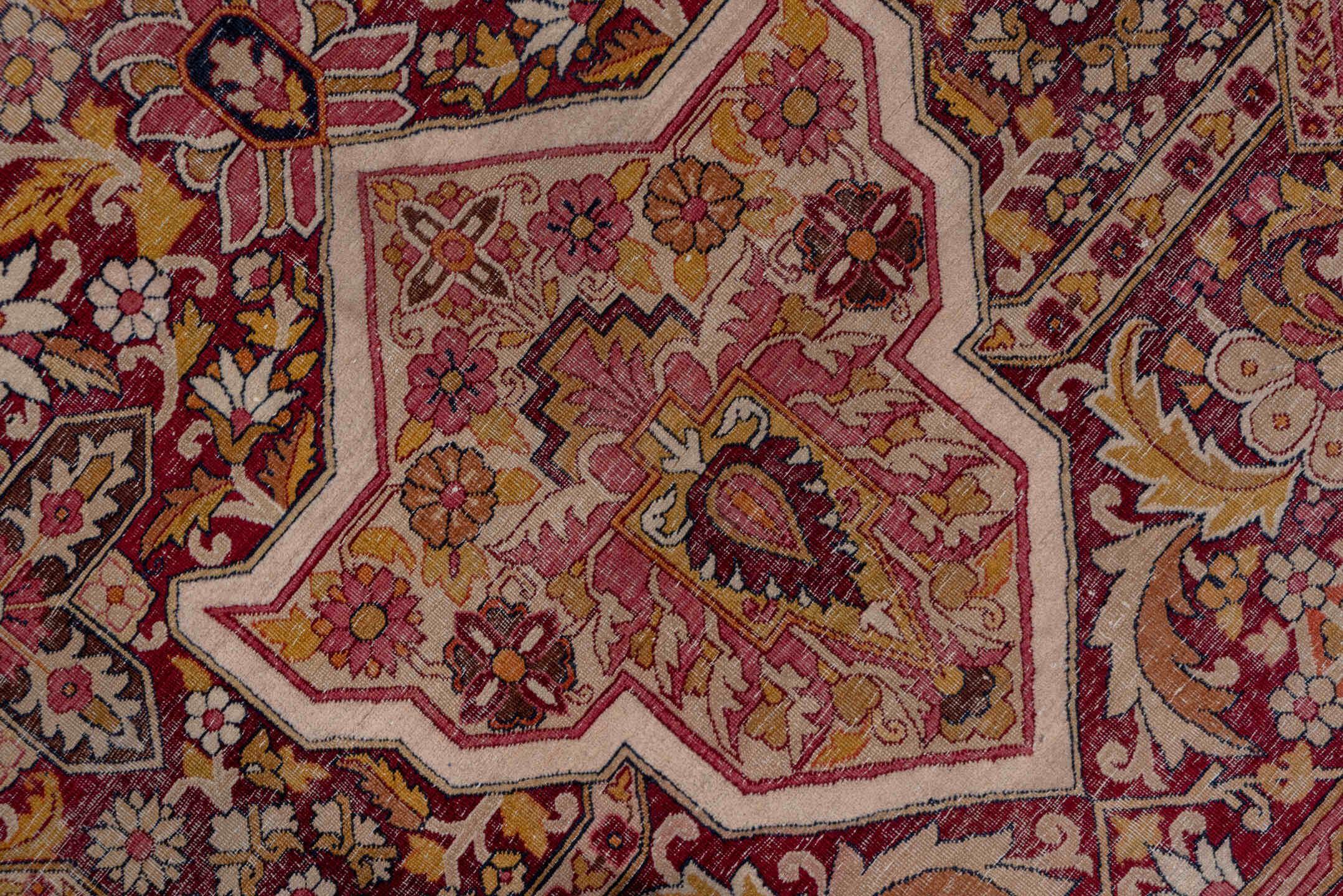 11' x 17' one-of-a-kind handmade antique Lavar oversize rug. Color palette: burgundy, ivory, navy, rose, gold, rust, camel