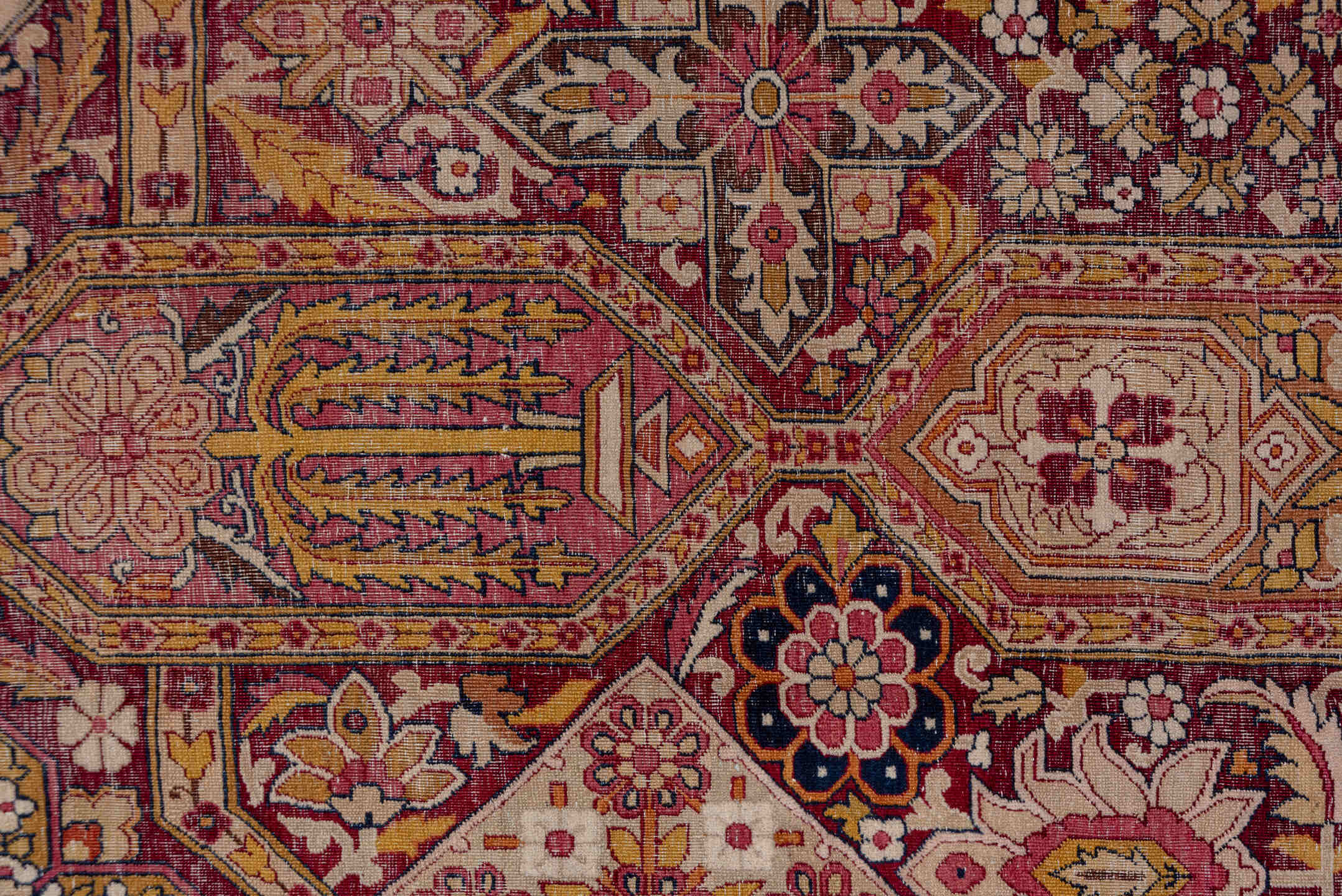 11' x 17' one-of-a-kind handmade antique Lavar oversize rug. Color palette: burgundy, ivory, navy, rose, gold, rust, camel