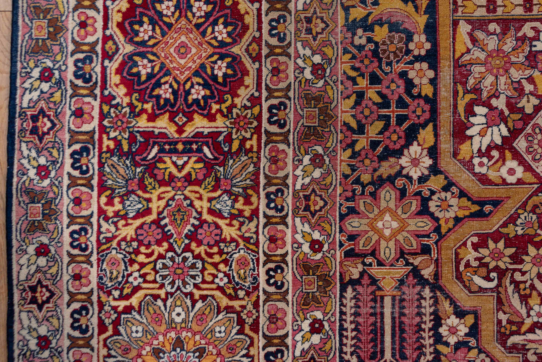 11' x 17' one-of-a-kind handmade antique Lavar oversize rug. Color palette: burgundy, ivory, navy, rose, gold, rust, camel