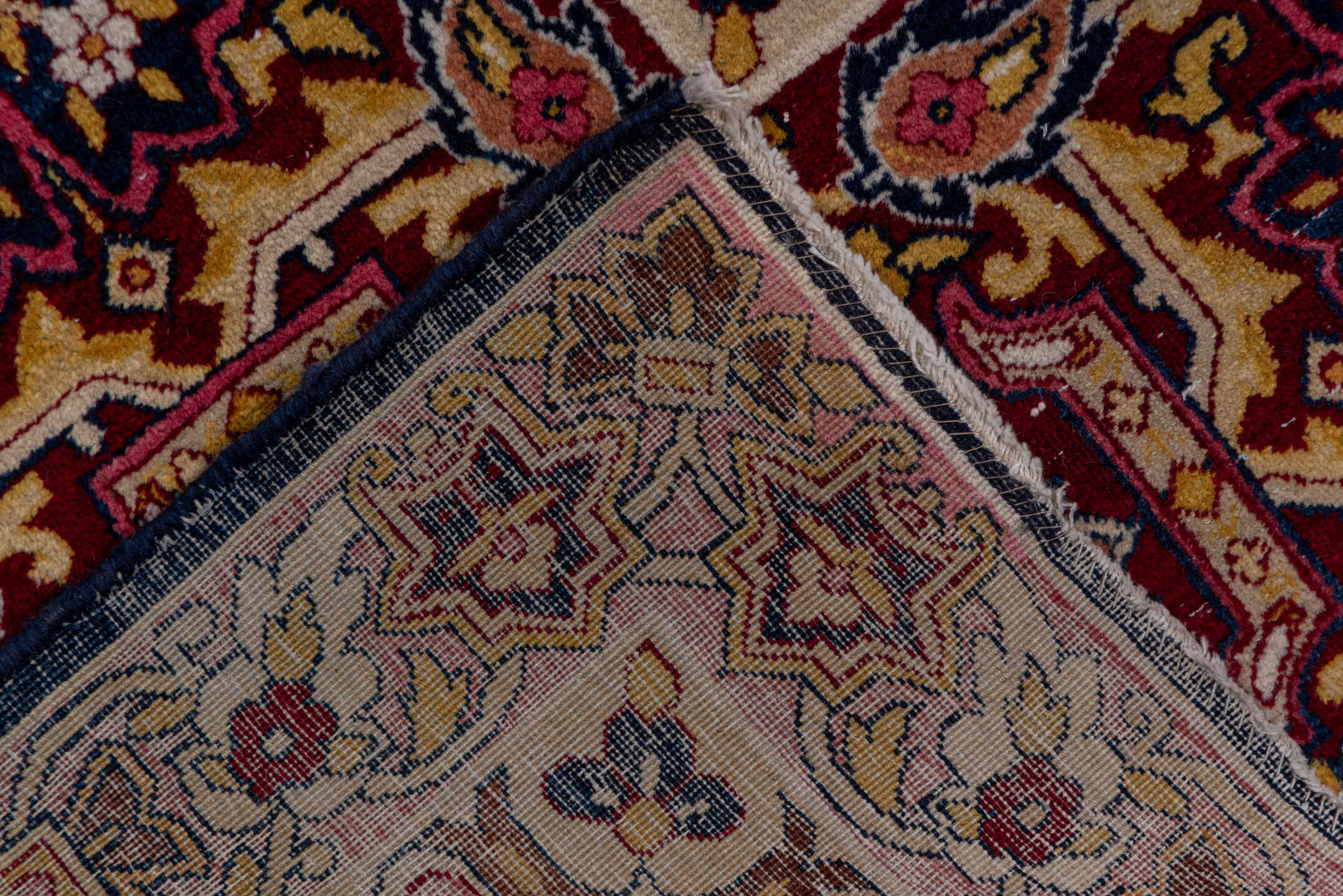 11' x 17' one-of-a-kind handmade antique Lavar oversize rug. Color palette: burgundy, ivory, navy, rose, gold, rust, camel